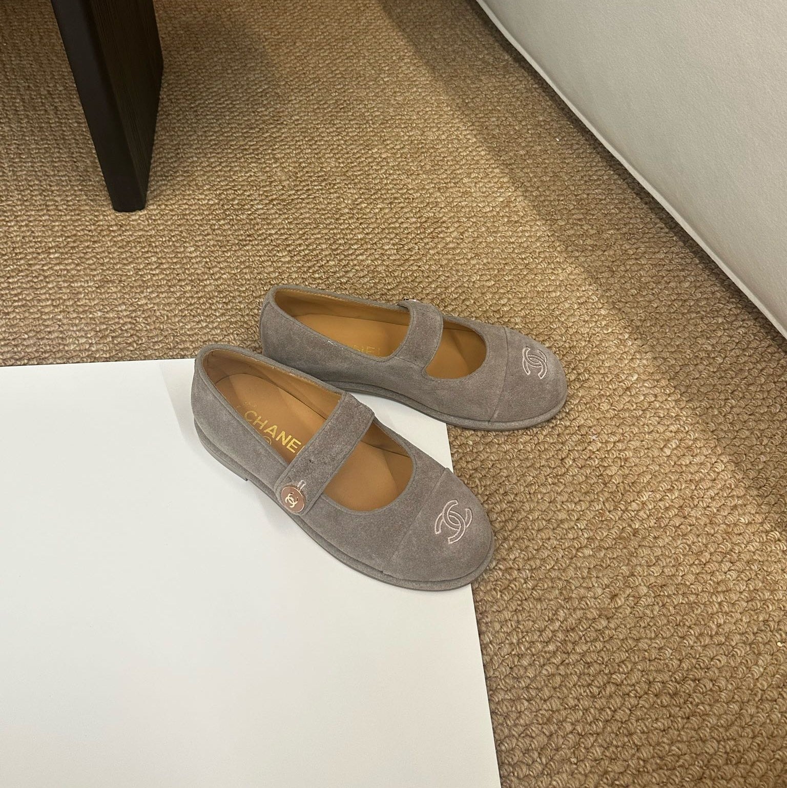 CHANEL 26S MARY JANE FLATS IN TAUPE  BROWN SUEDE CC LOGO