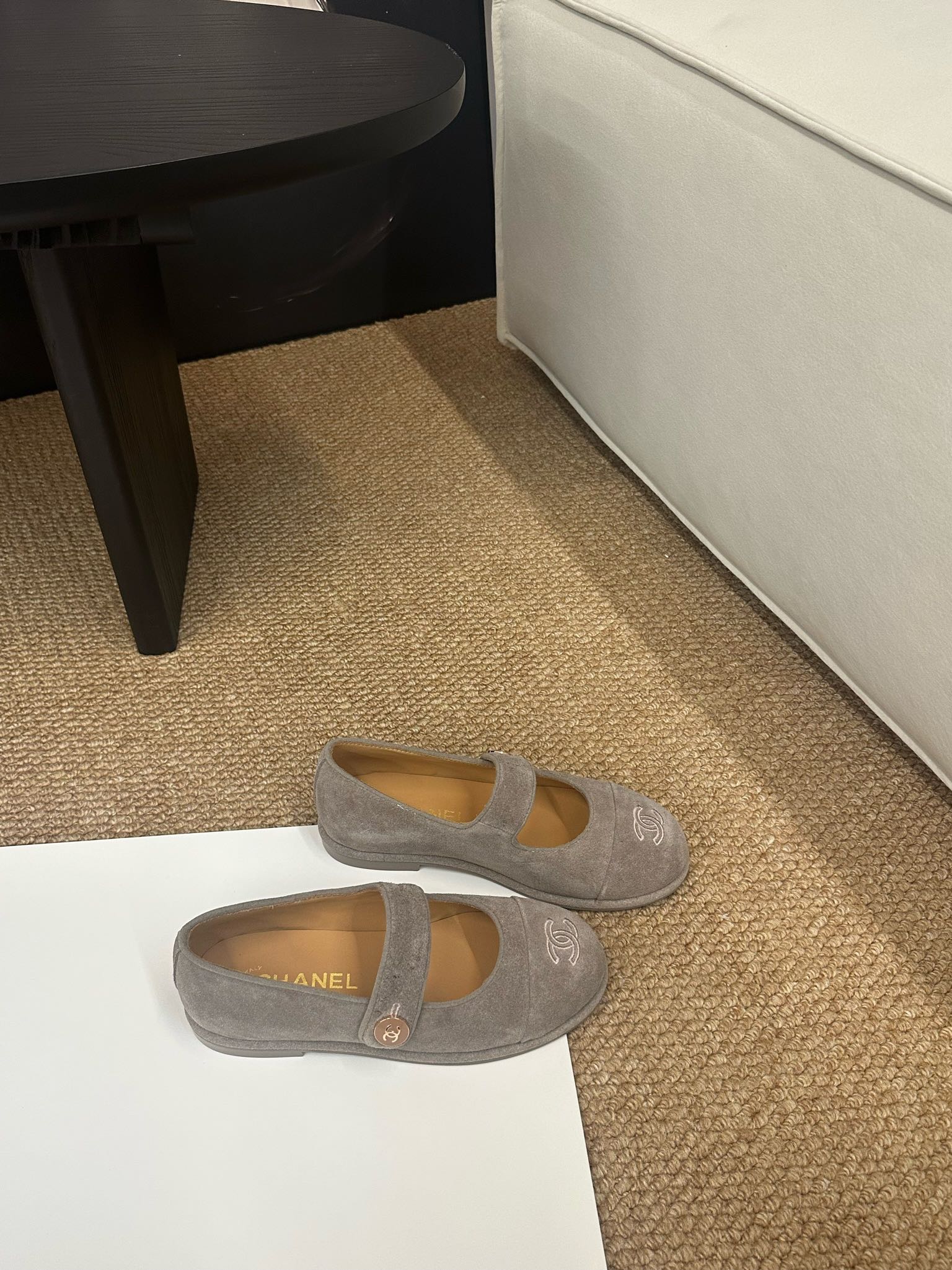 CHANEL 26S MARY JANE FLATS IN TAUPE  BROWN SUEDE CC LOGO