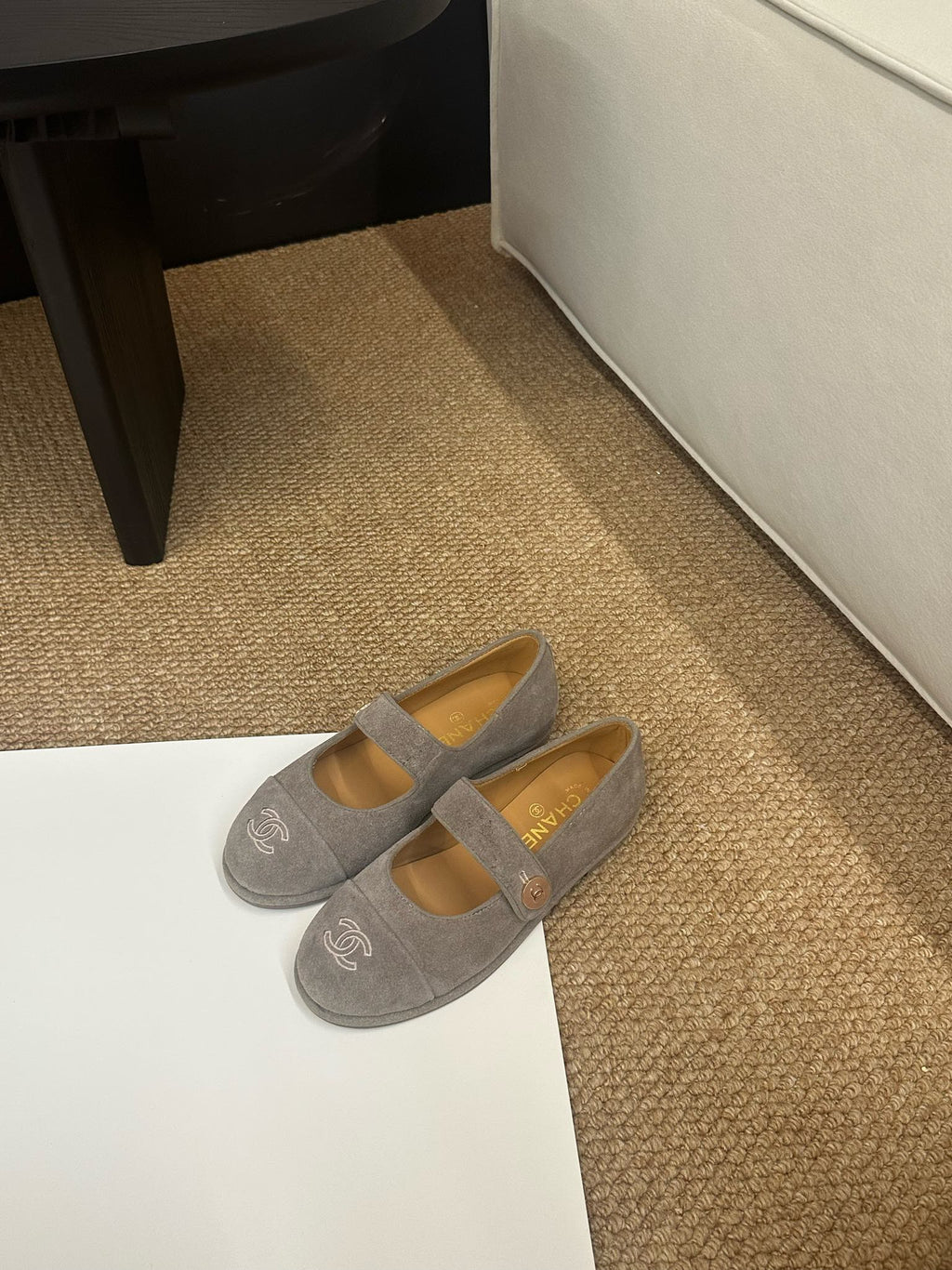 CHANEL 26S MARY JANE FLATS IN TAUPE  BROWN SUEDE CC LOGO