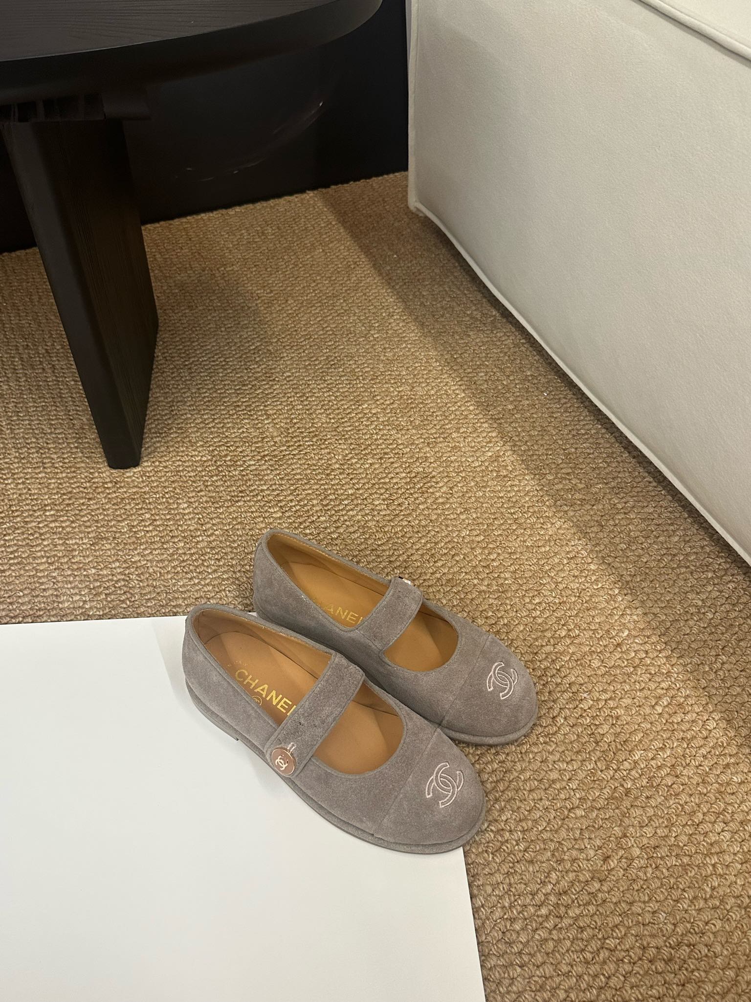 CHANEL 26S MARY JANE FLATS IN TAUPE  BROWN SUEDE CC LOGO