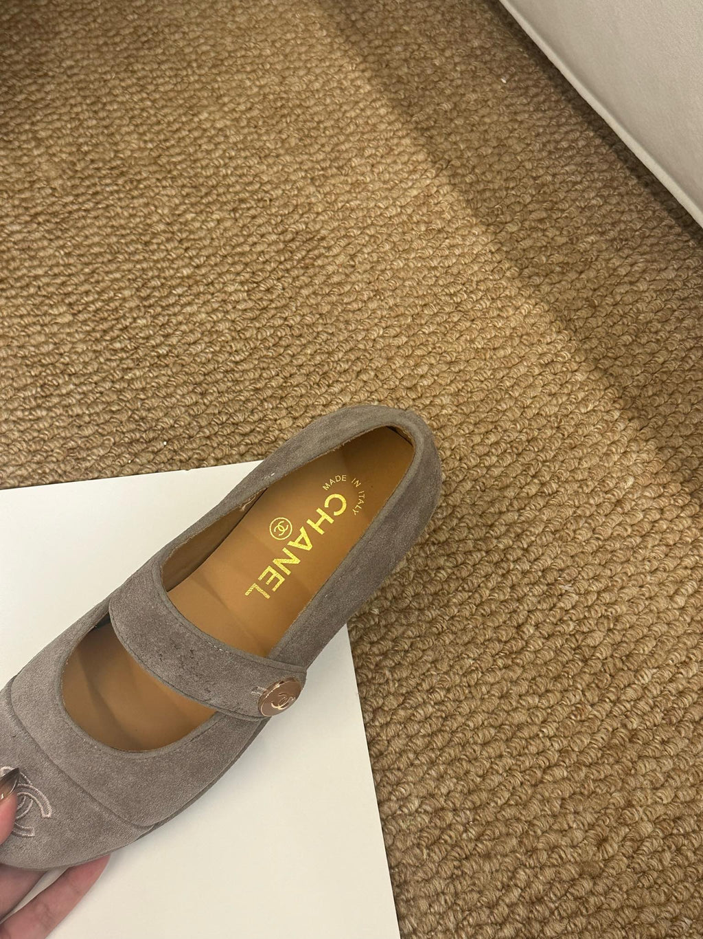 CHANEL 26S MARY JANE FLATS IN TAUPE  BROWN SUEDE CC LOGO