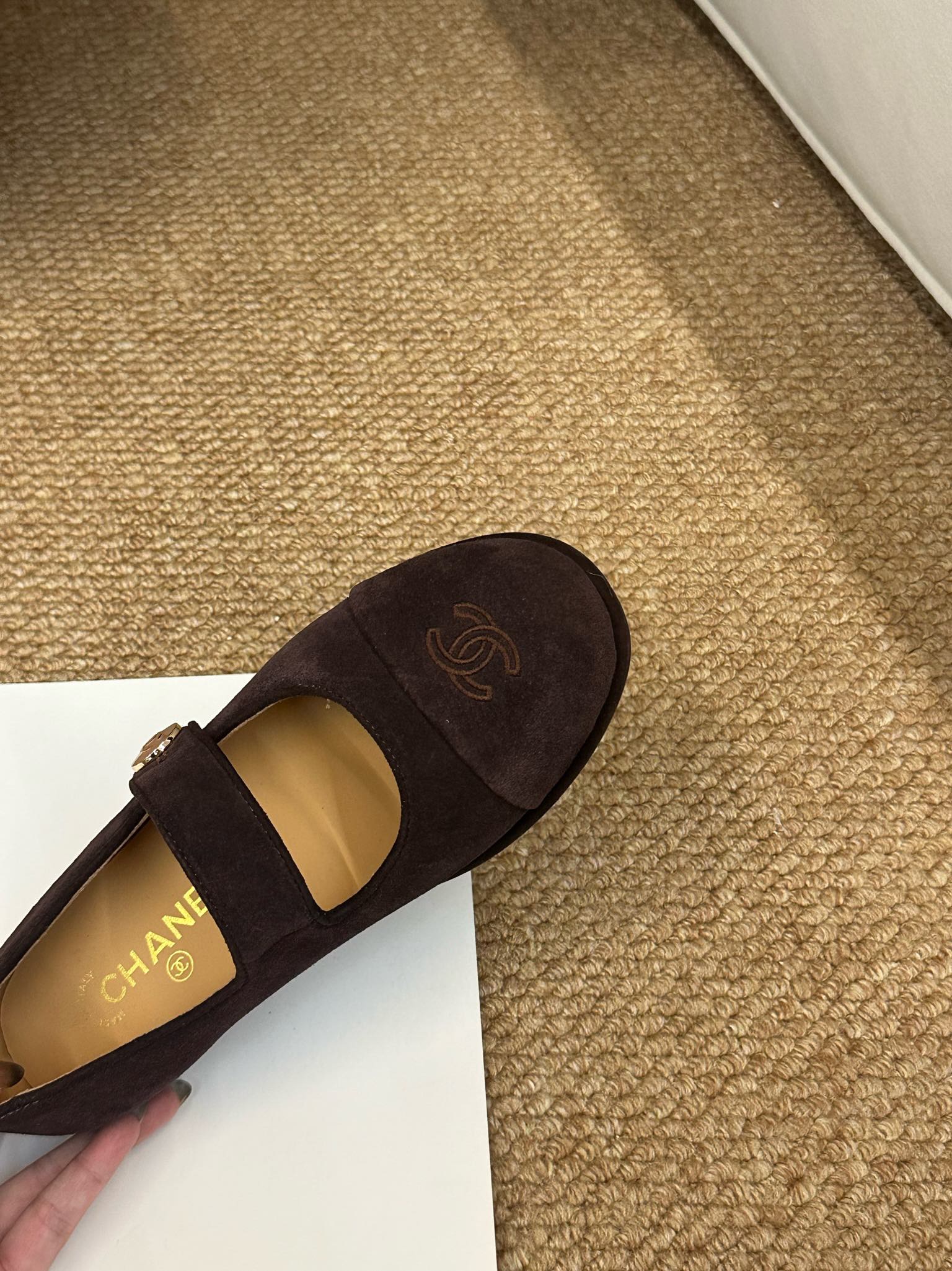 CHANEL 26S MARY JANE FLATS IN DARK BROWN SUEDE CC LOGO