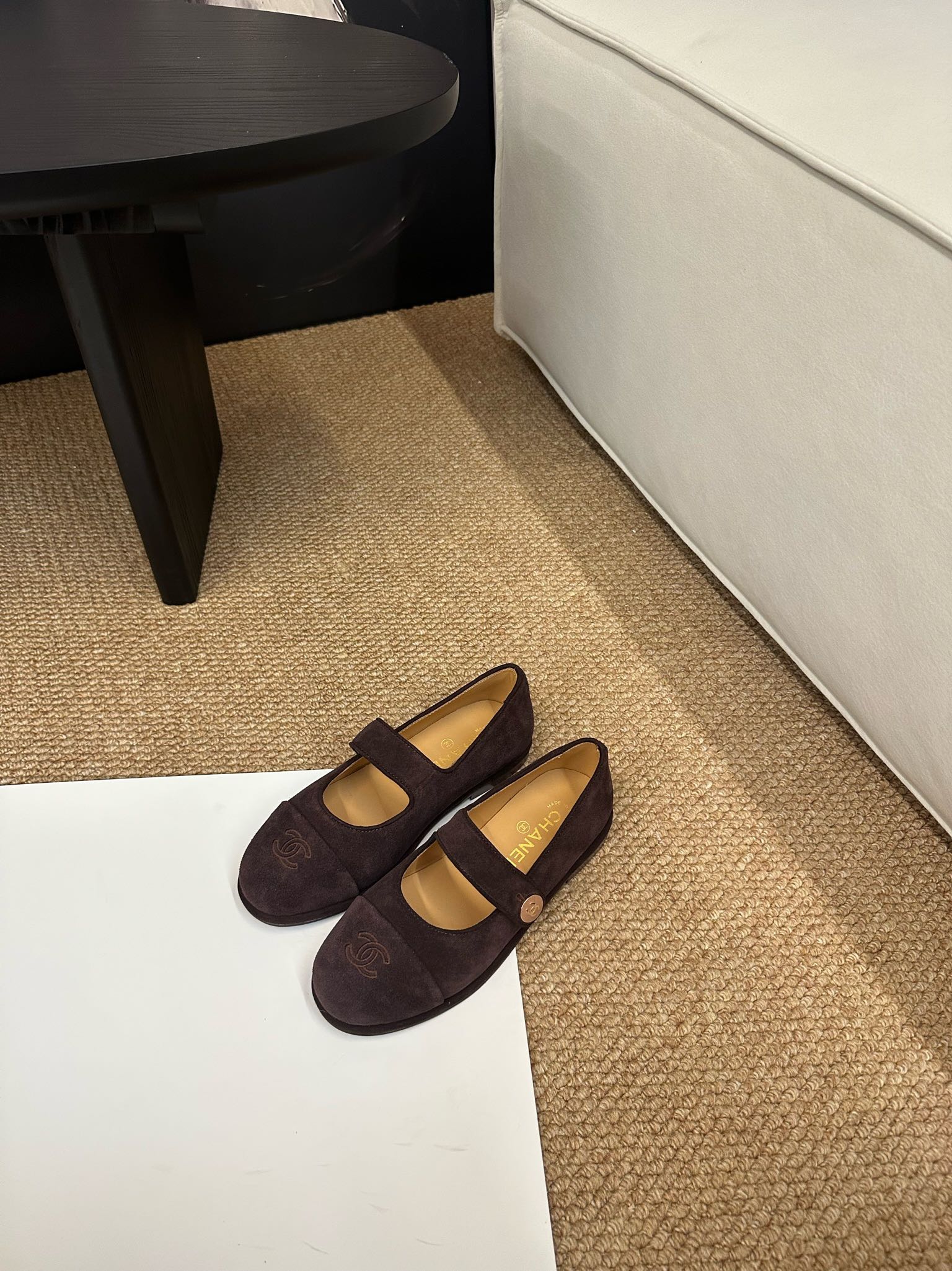CHANEL 26S MARY JANE FLATS IN DARK BROWN SUEDE CC LOGO