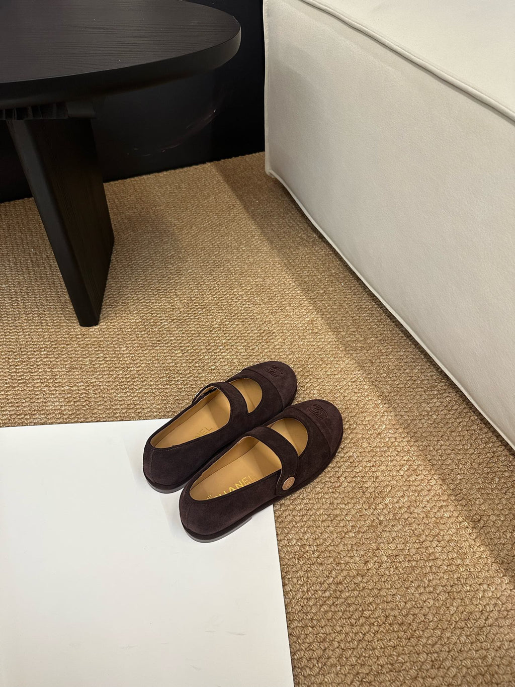 CHANEL 26S MARY JANE FLATS IN DARK BROWN SUEDE CC LOGO