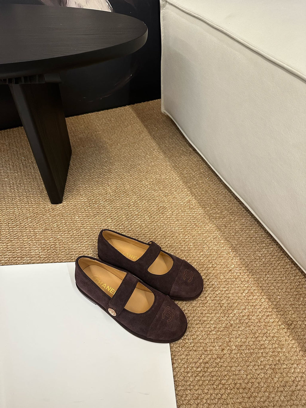 CHANEL 26S MARY JANE FLATS IN DARK BROWN SUEDE CC LOGO