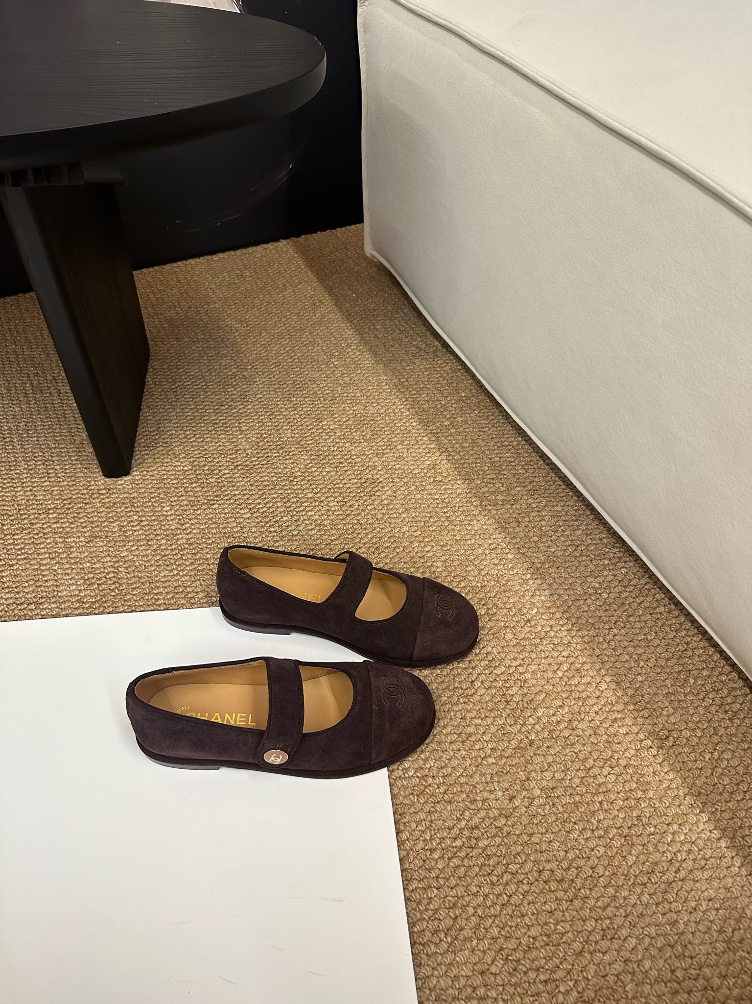 CHANEL 26S MARY JANE FLATS IN DARK BROWN SUEDE CC LOGO