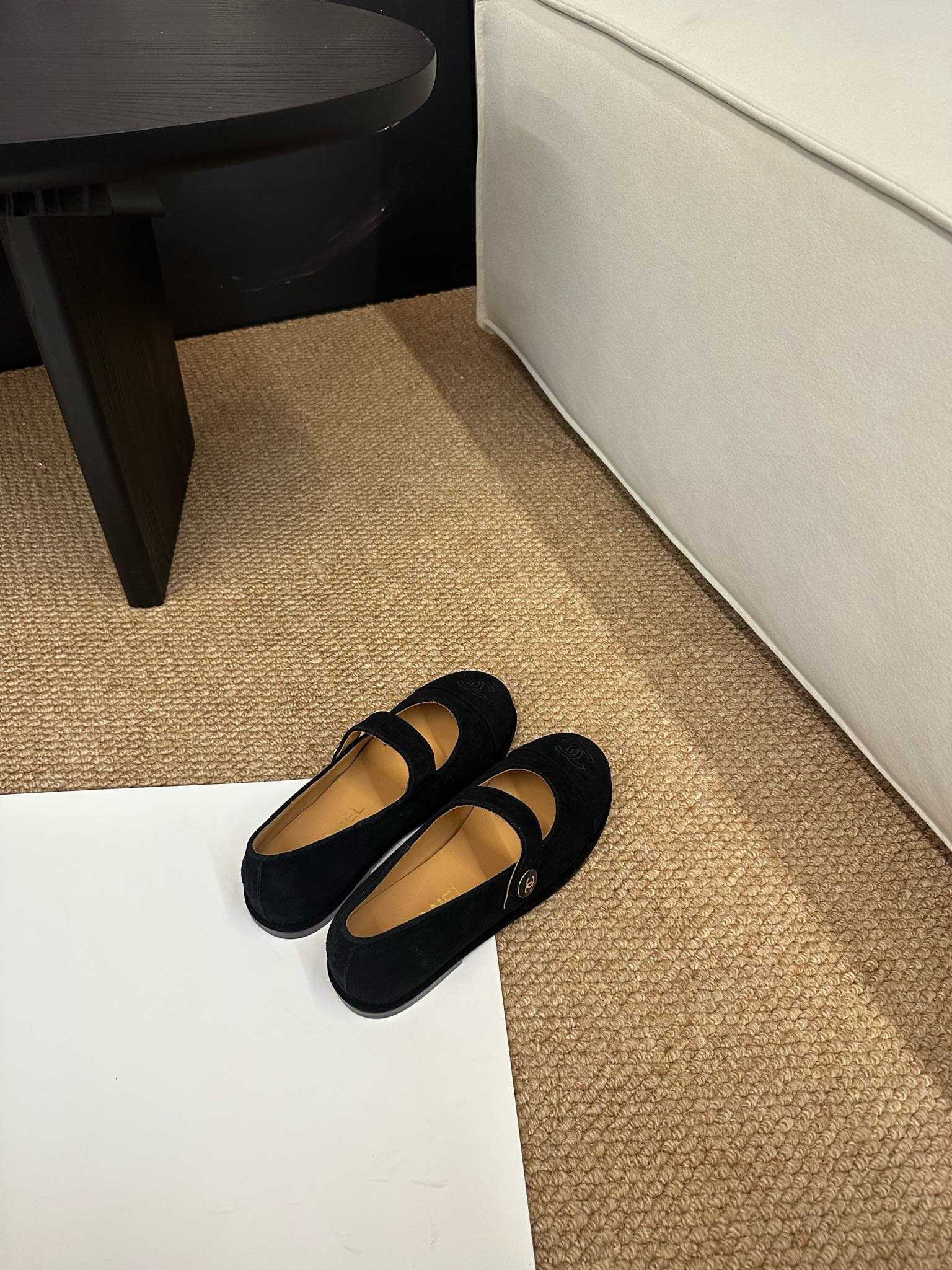 CHANEL 26S MARY JANE FLATS IN BLACK SUEDE CC LOGO