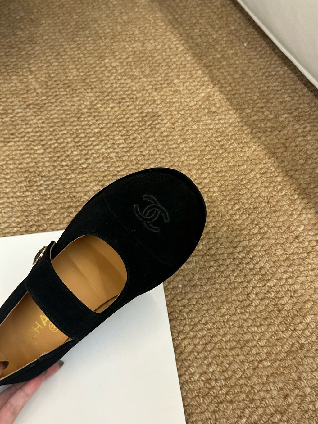 CHANEL 26S MARY JANE FLATS IN BLACK SUEDE CC LOGO