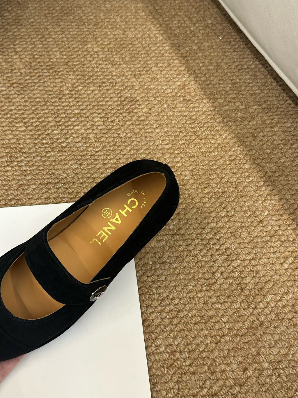 CHANEL 26S MARY JANE FLATS IN BLACK SUEDE CC LOGO