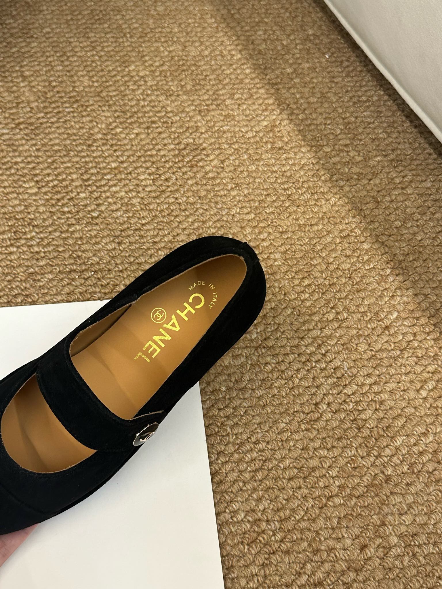 CHANEL 26S MARY JANE FLATS IN BLACK SUEDE CC LOGO
