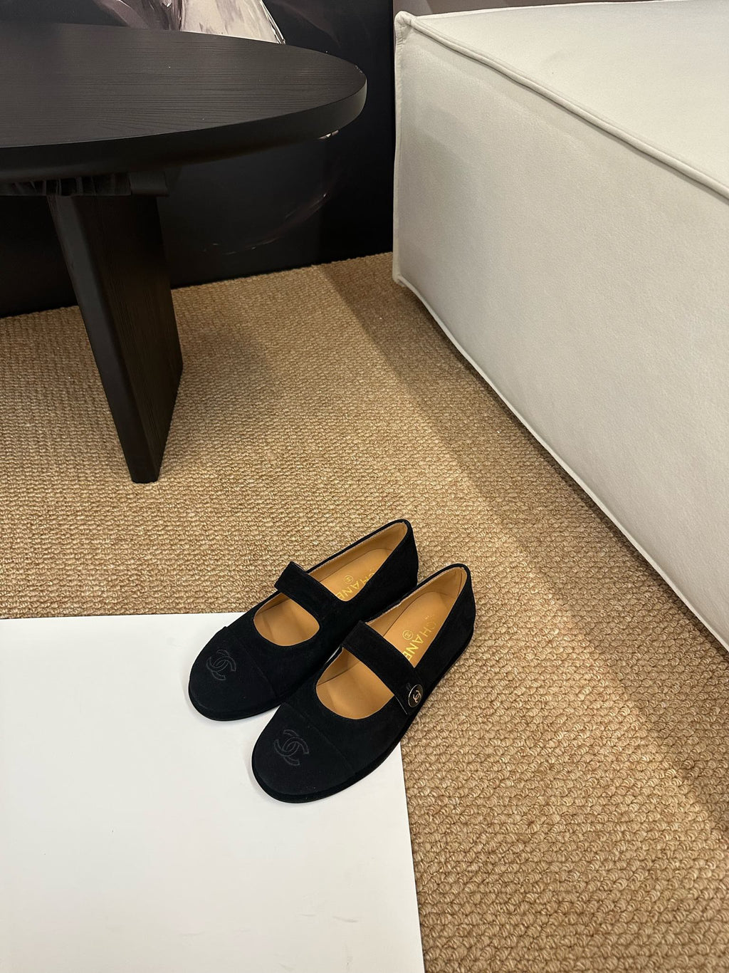 CHANEL 26S MARY JANE FLATS IN BLACK SUEDE CC LOGO