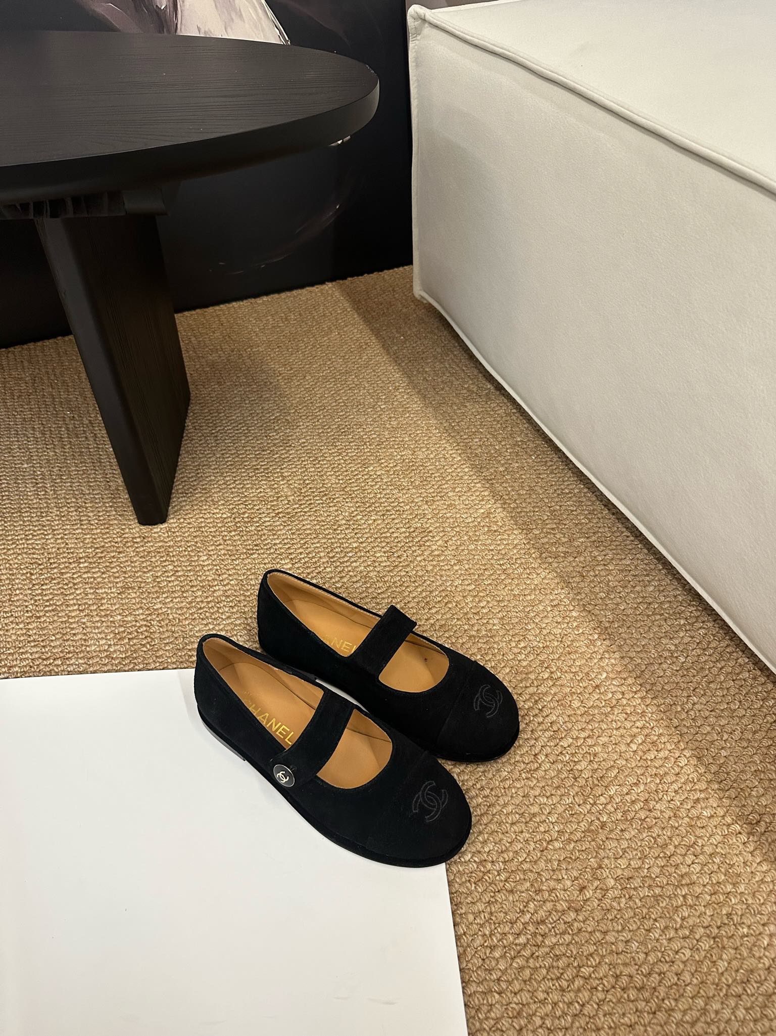 CHANEL 26S MARY JANE FLATS IN BLACK SUEDE CC LOGO