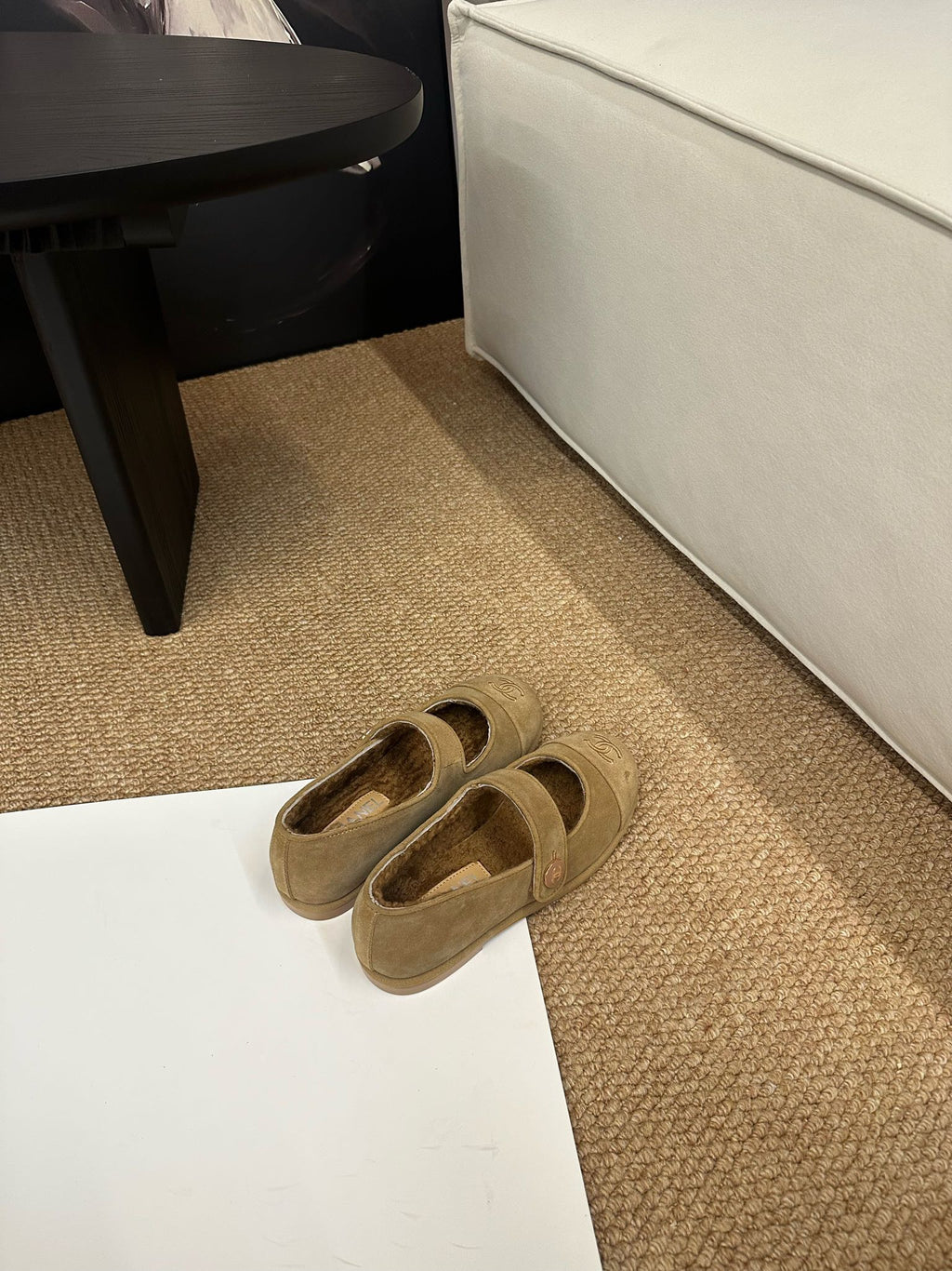 CHANEL 26S MARY JANE FLATS IN CARAMEL BROWN SUEDE SHEARLING LINING CC LOGO