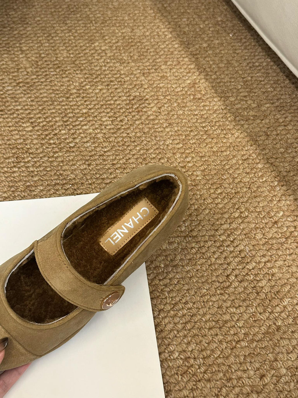 CHANEL 26S MARY JANE FLATS IN CARAMEL BROWN SUEDE SHEARLING LINING CC LOGO