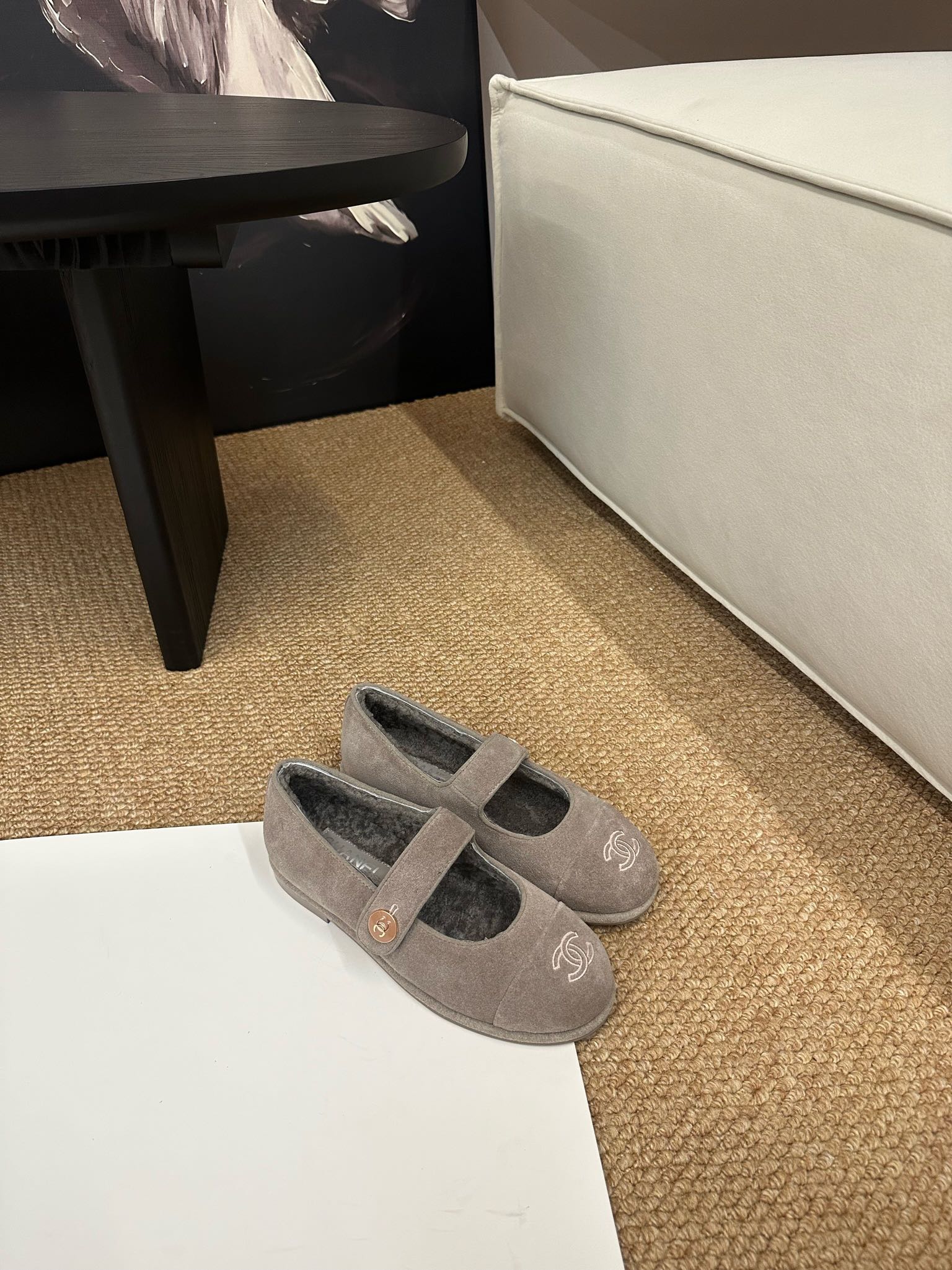 CHANEL 26S MARY JANE FLATS IN TAUPE BROWN SUEDE SHEARLING LINING CC LOGO