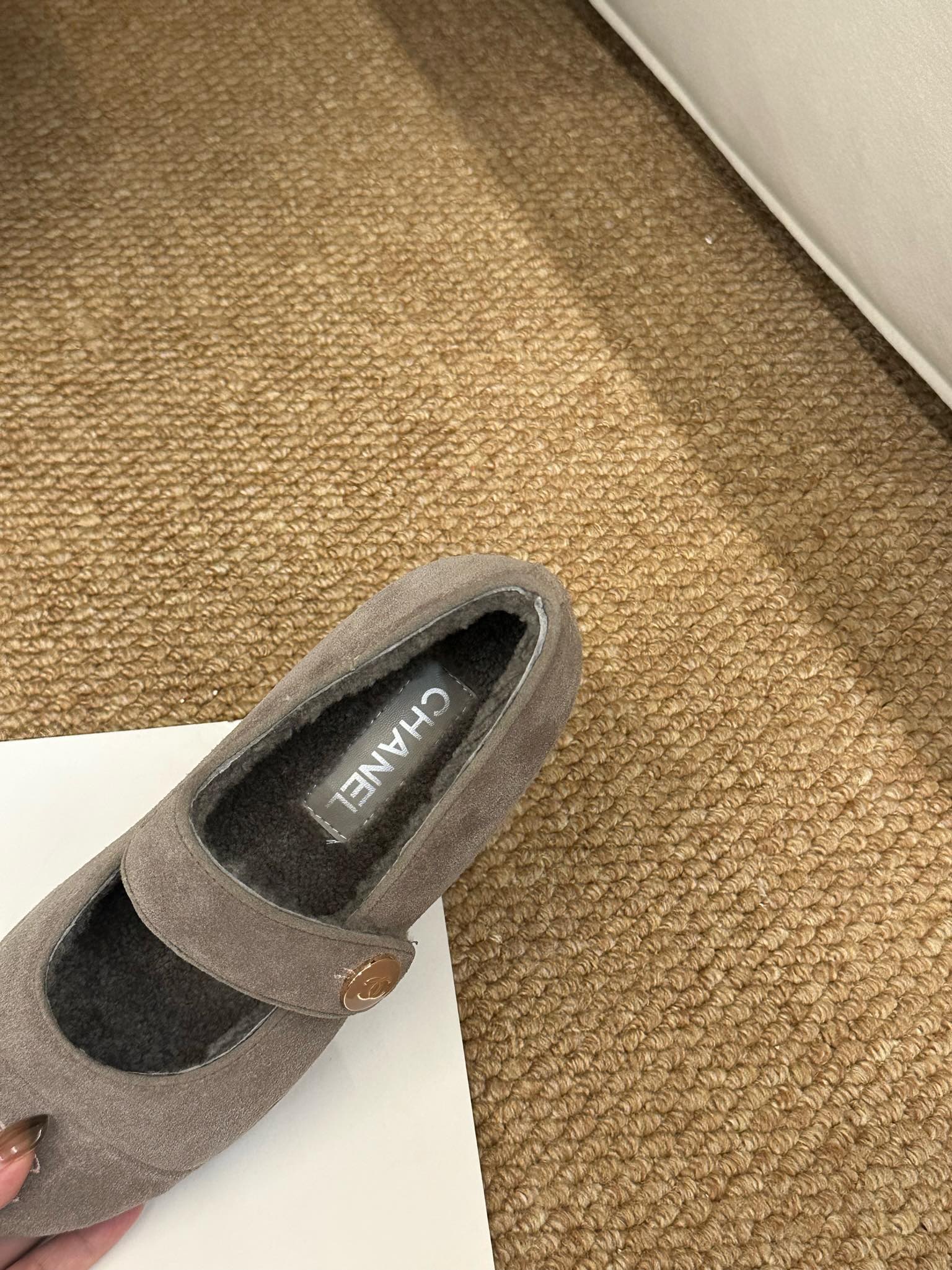 CHANEL 26S MARY JANE FLATS IN TAUPE BROWN SUEDE SHEARLING LINING CC LOGO
