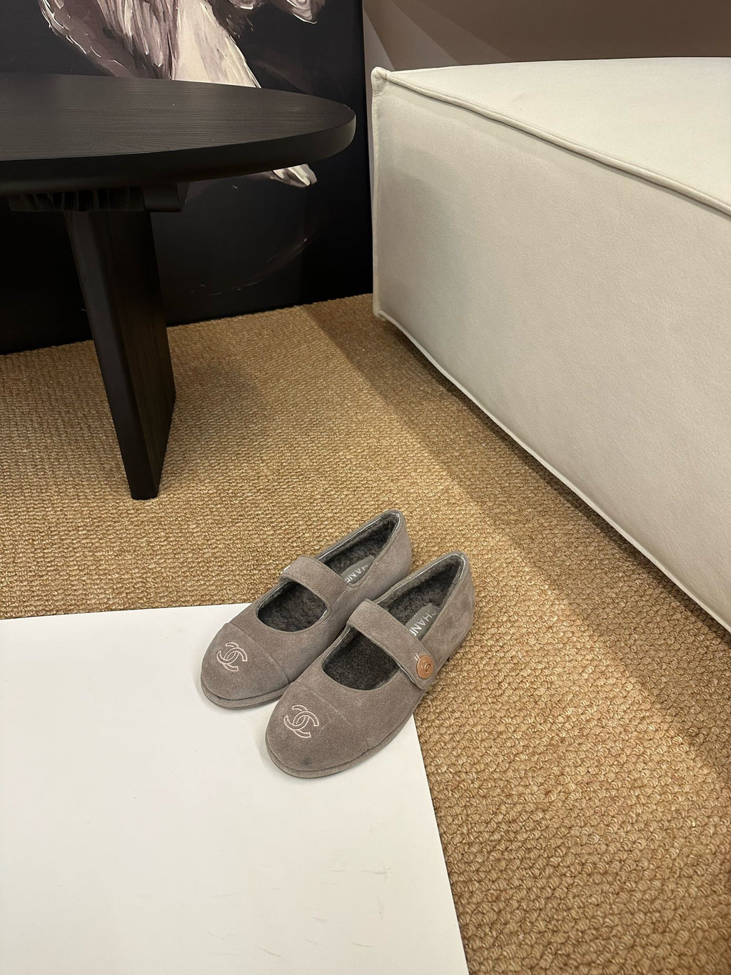 CHANEL 26S MARY JANE FLATS IN TAUPE BROWN SUEDE SHEARLING LINING CC LOGO
