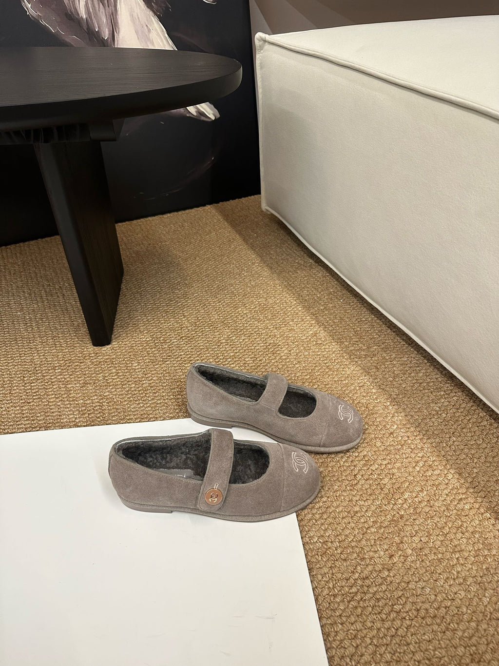 CHANEL 26S MARY JANE FLATS IN TAUPE BROWN SUEDE SHEARLING LINING CC LOGO