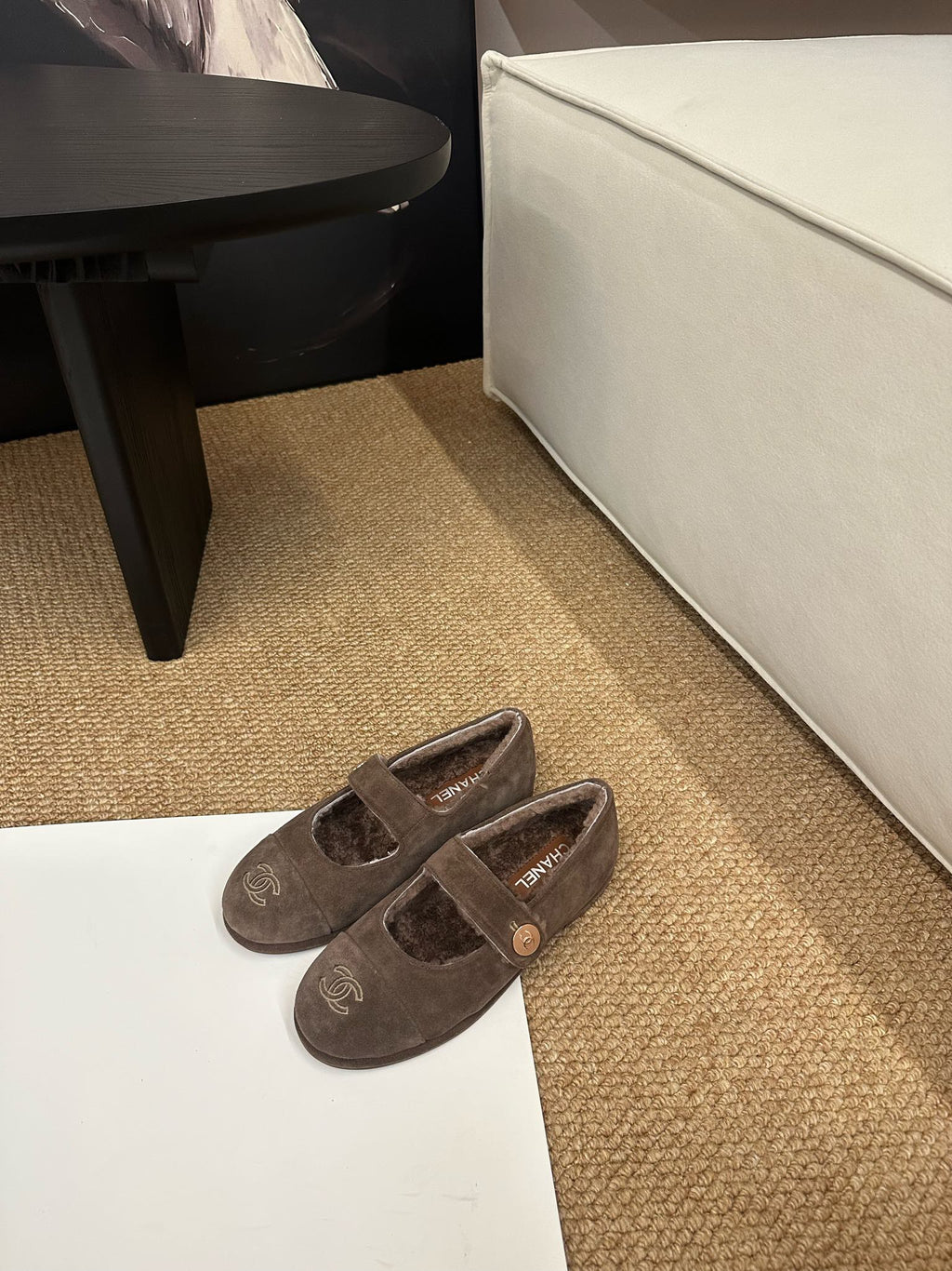 CHANEL 26S MARY JANE FLATS IN BROWN SUEDE SHEARLING LINING