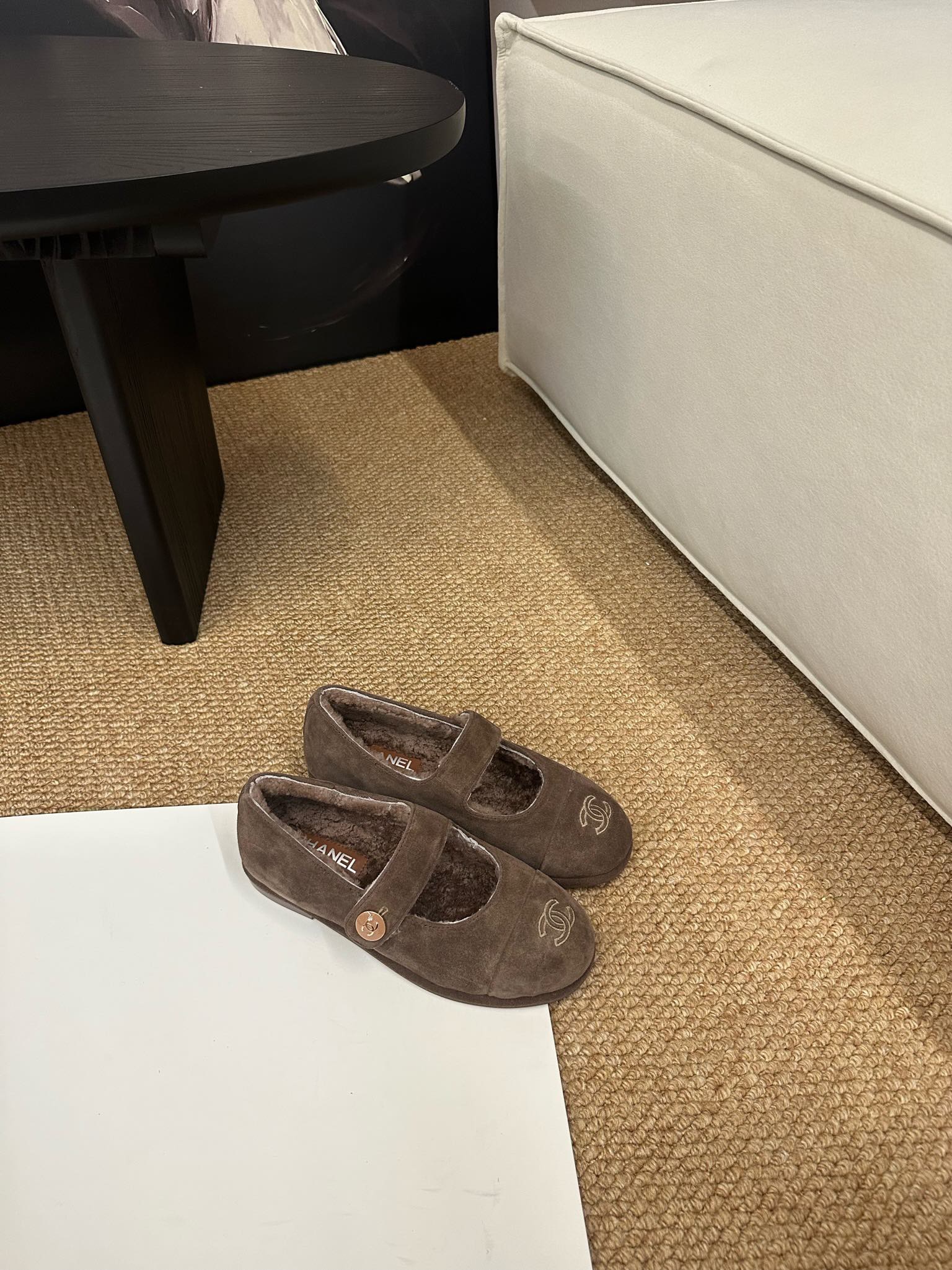 CHANEL 26S MARY JANE FLATS IN BROWN SUEDE SHEARLING LINING