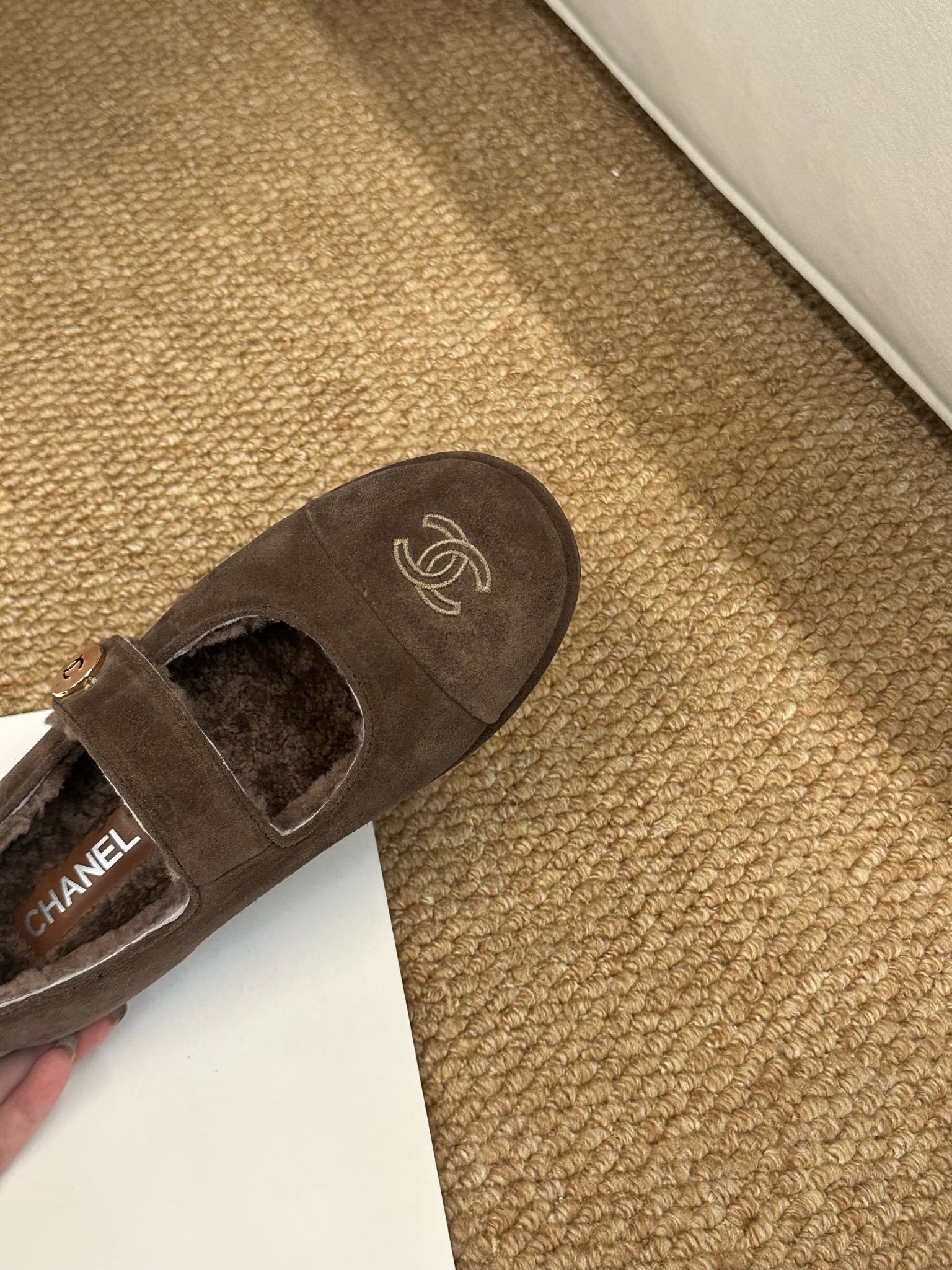 CHANEL 26S MARY JANE FLATS IN BROWN SUEDE SHEARLING LINING