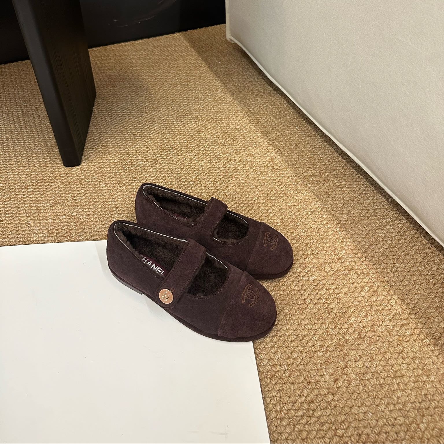 CHANEL 26S MARY JANE FLATS IN DARK BROWN SUEDE WITH CC LOGO