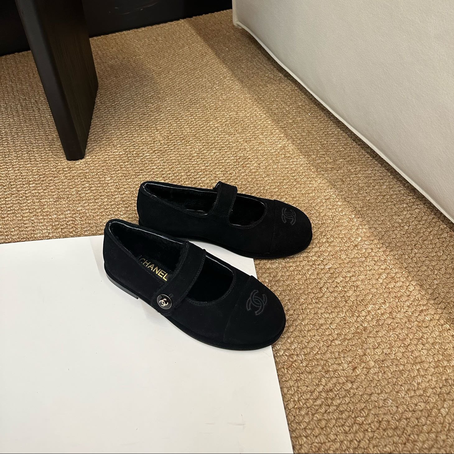 CHANEL 26S MARY JANE FLATS IN BLACK SUEDE WITH CC LOGO