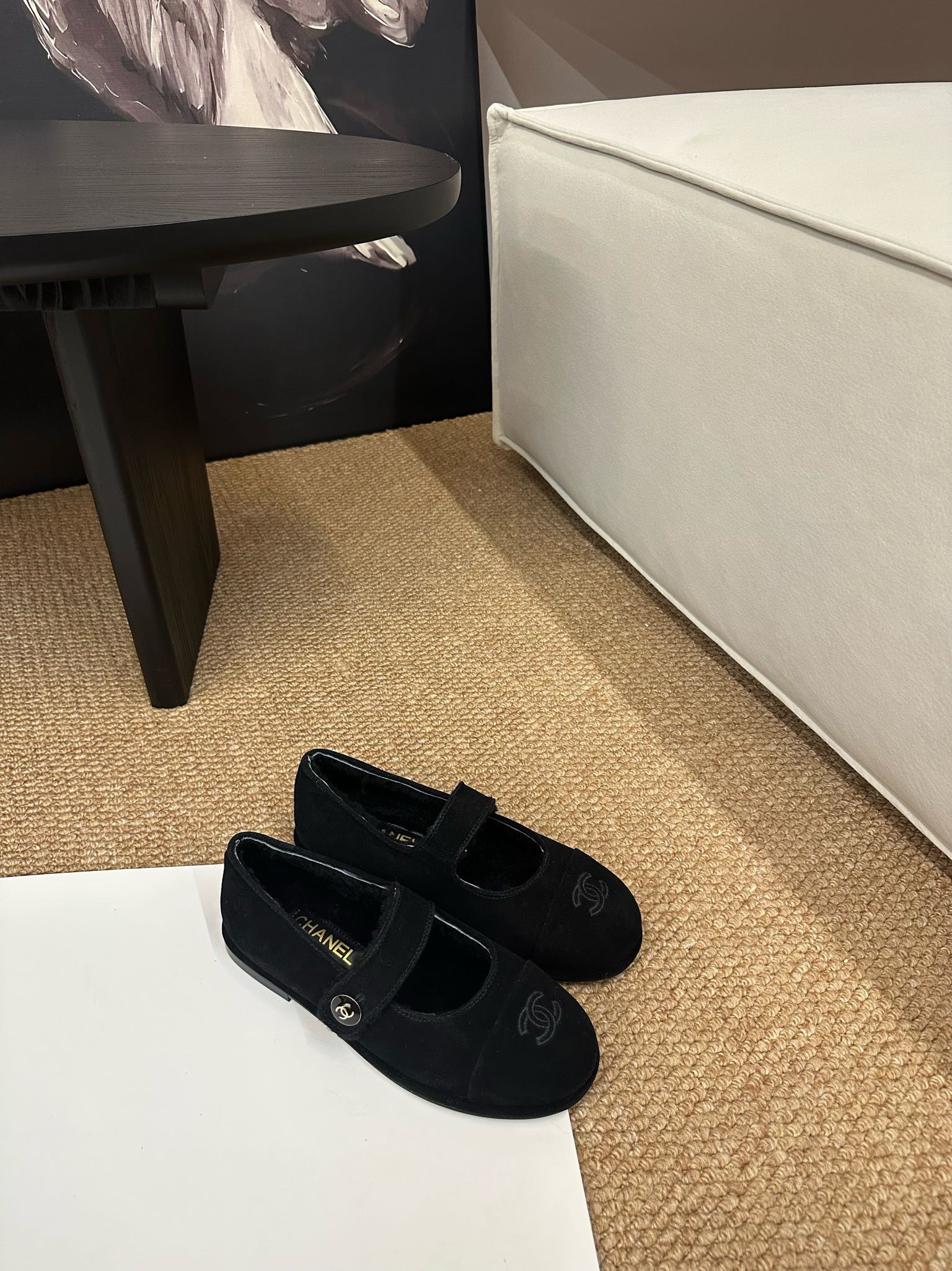 CHANEL 26S MARY JANE FLATS IN BLACK SUEDE WITH CC LOGO