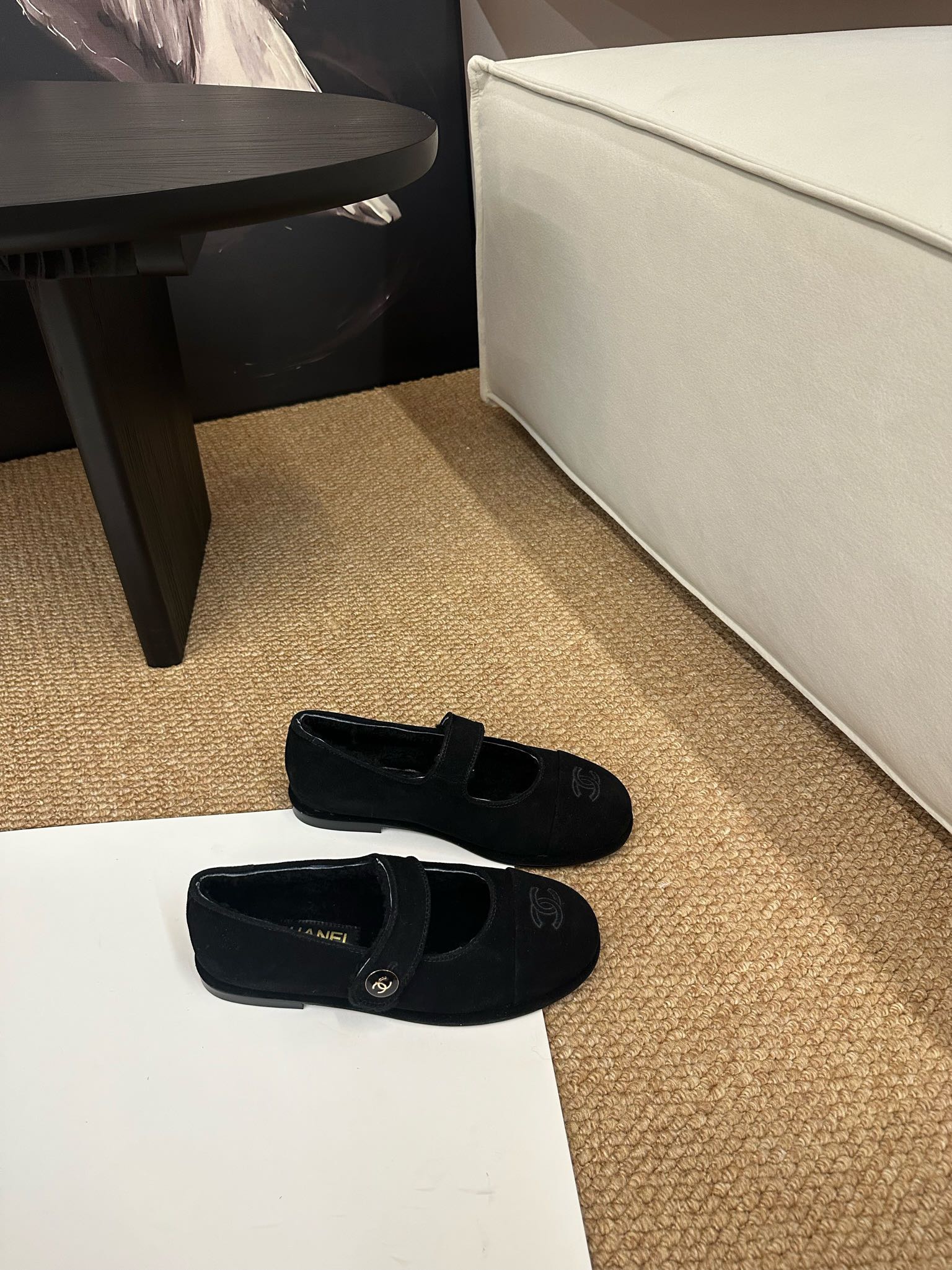 CHANEL 26S MARY JANE FLATS IN BLACK SUEDE WITH CC LOGO