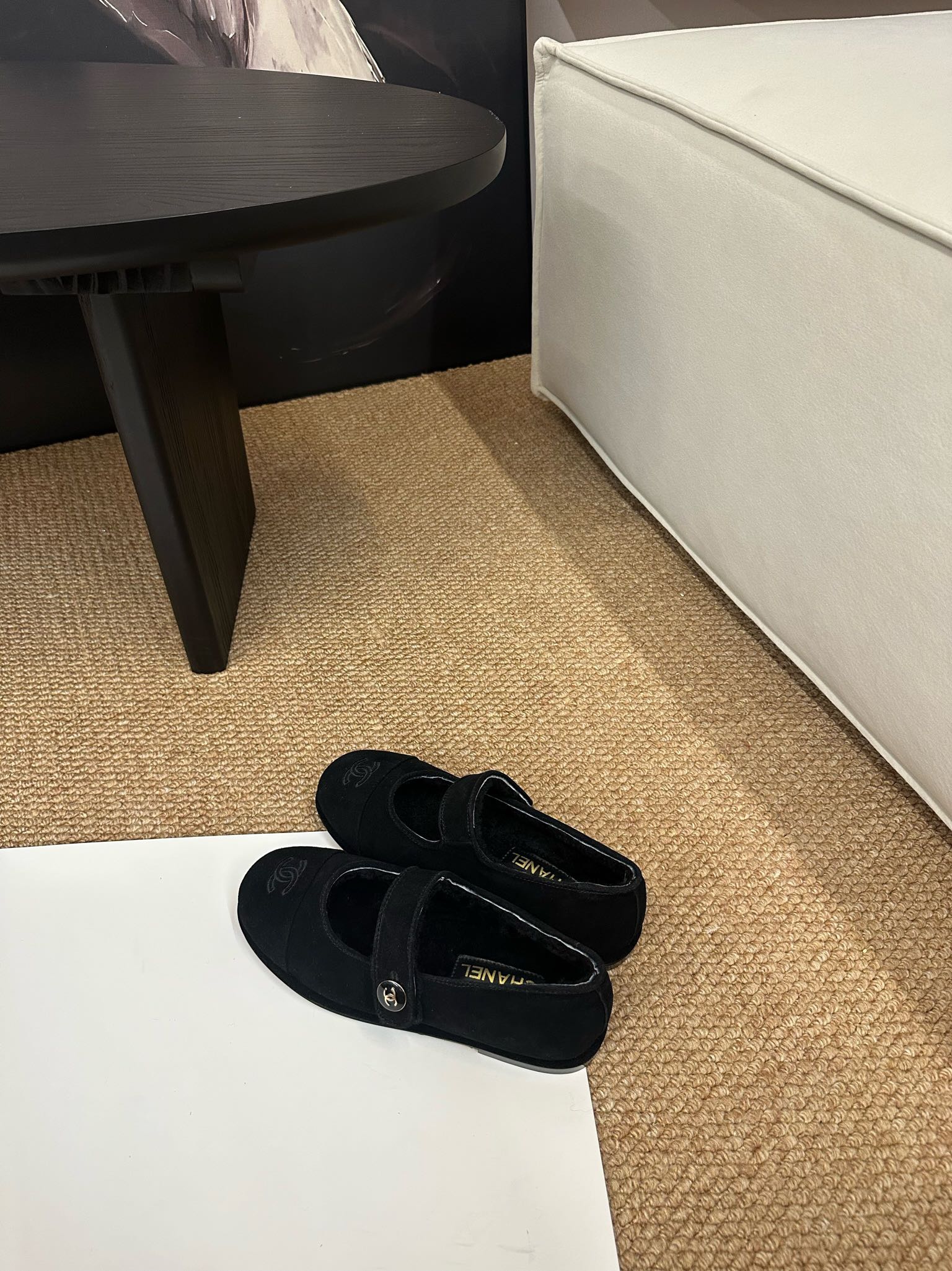 CHANEL 26S MARY JANE FLATS IN BLACK SUEDE WITH CC LOGO