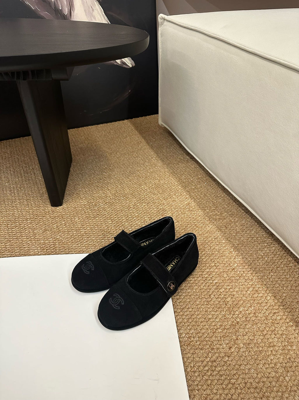 CHANEL 26S MARY JANE FLATS IN BLACK SUEDE WITH CC LOGO