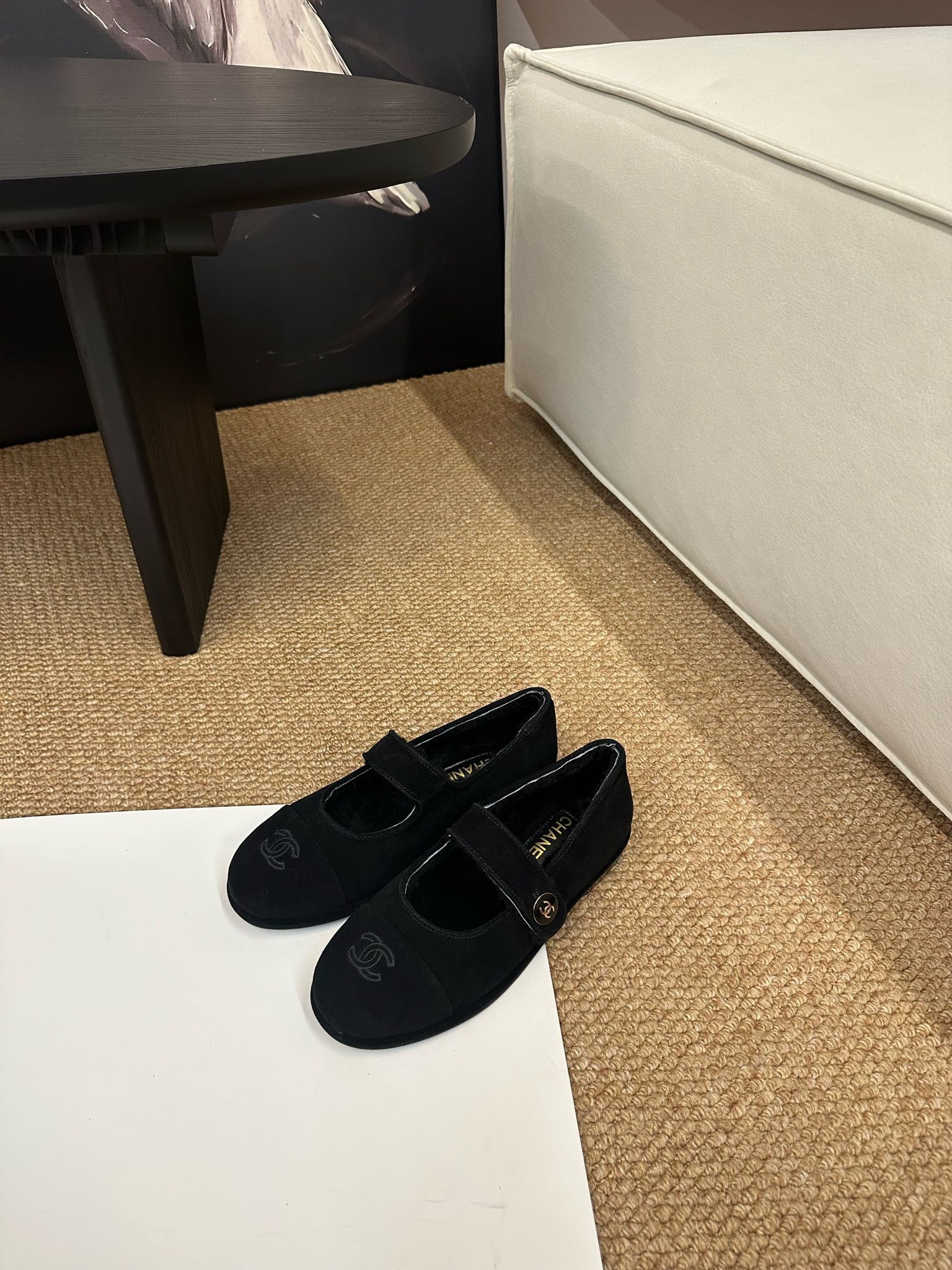 CHANEL 26S MARY JANE FLATS IN BLACK SUEDE WITH CC LOGO
