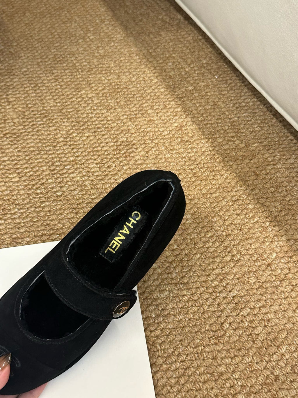 CHANEL 26S MARY JANE FLATS IN BLACK SUEDE WITH CC LOGO