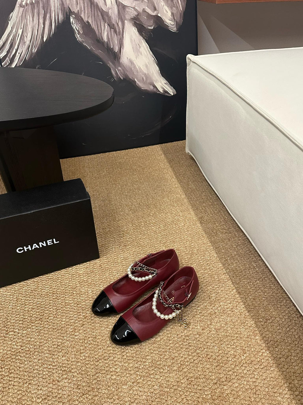 CHANEL 26S MARY JANE PEARL STRAP FLATS IN BURGUNDY RED CALFSKIN