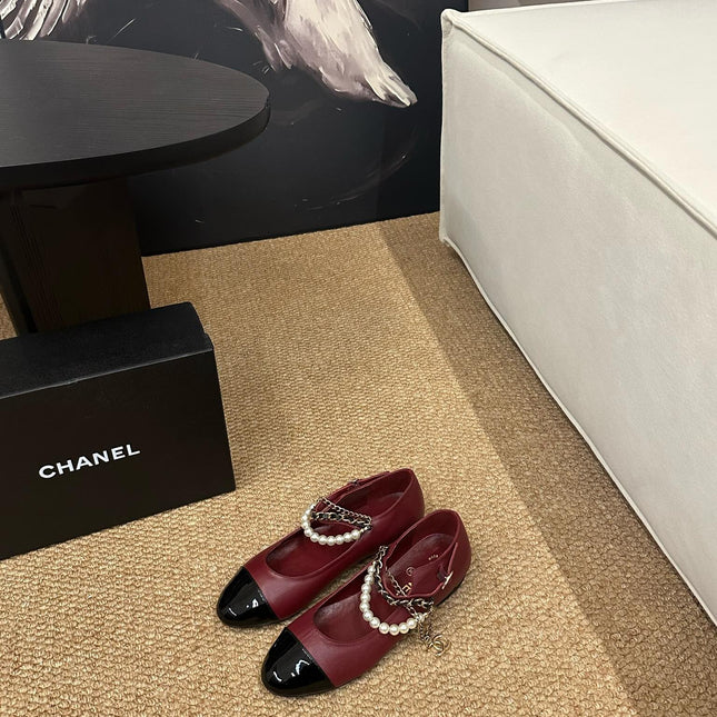 CHANEL 26S MARY JANE PEARL STRAP FLATS IN BURGUNDY RED CALFSKIN