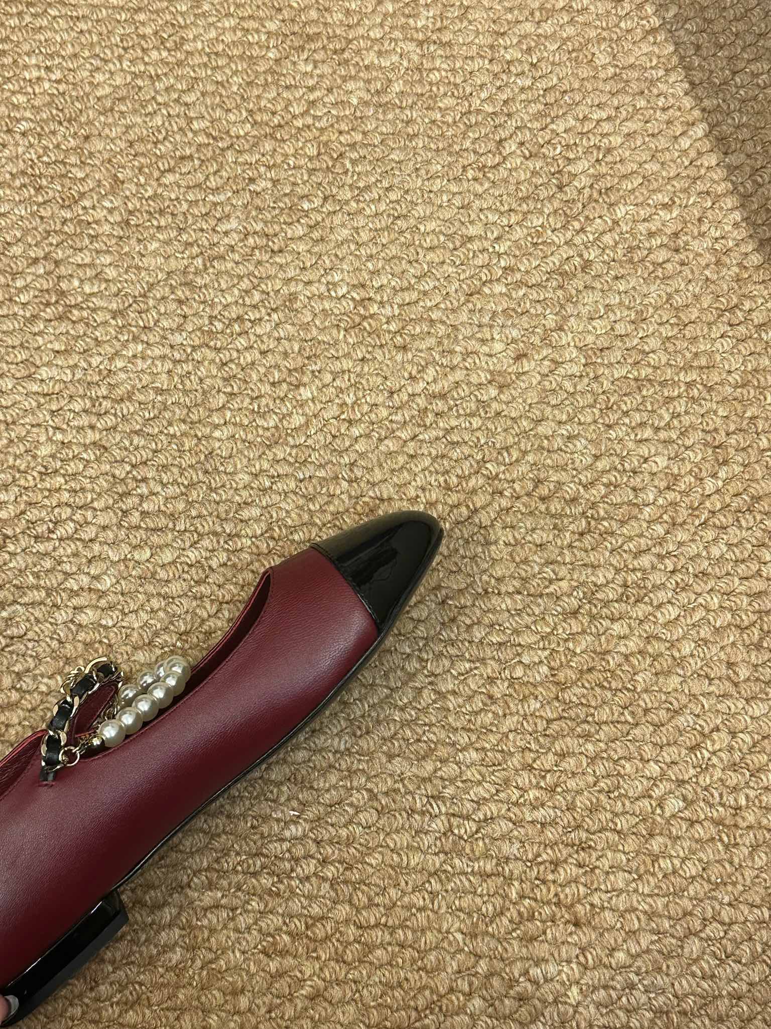 CHANEL 26S MARY JANE PEARL STRAP FLATS IN BURGUNDY RED CALFSKIN
