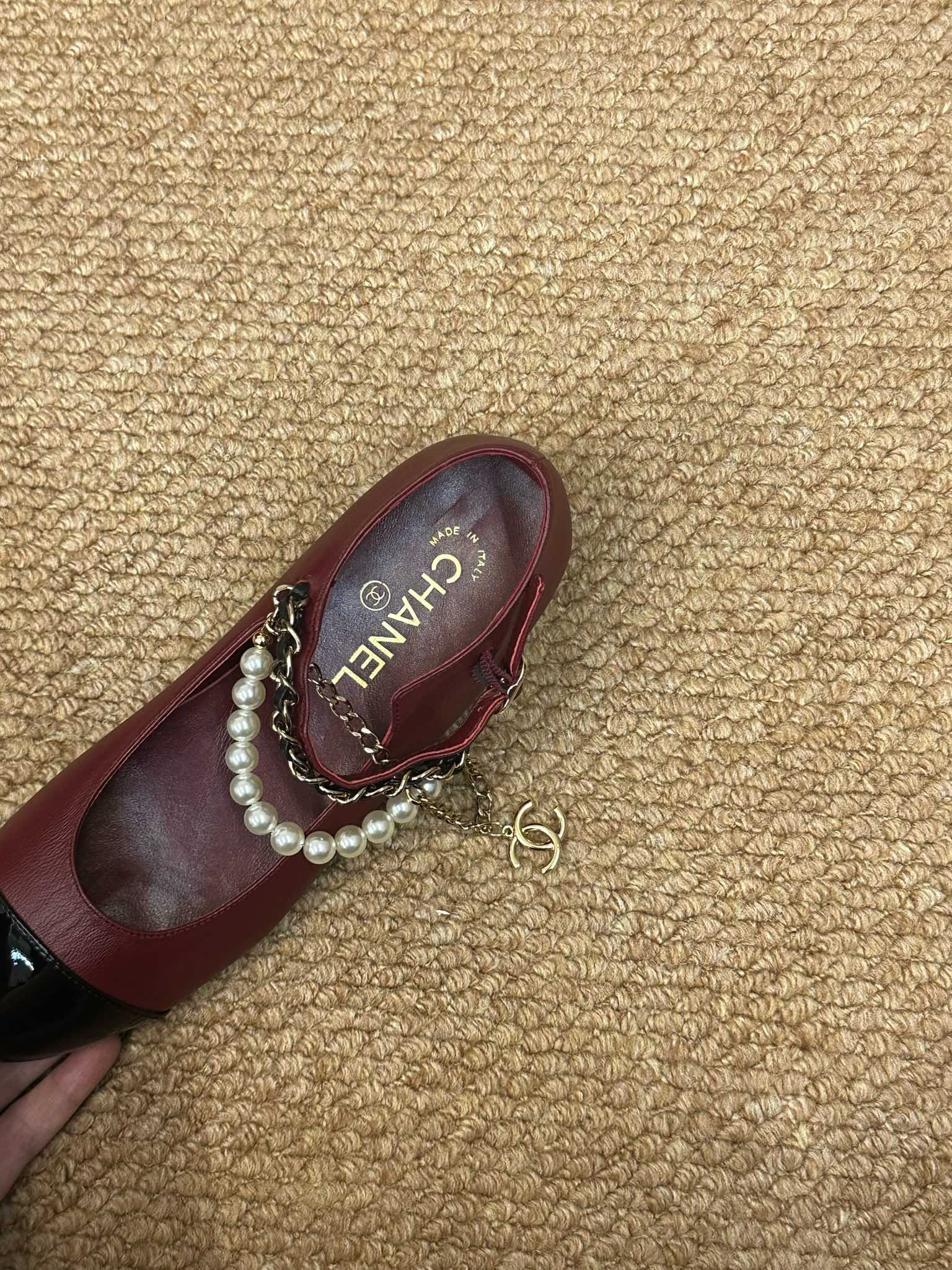 CHANEL 26S MARY JANE PEARL STRAP FLATS IN BURGUNDY RED CALFSKIN