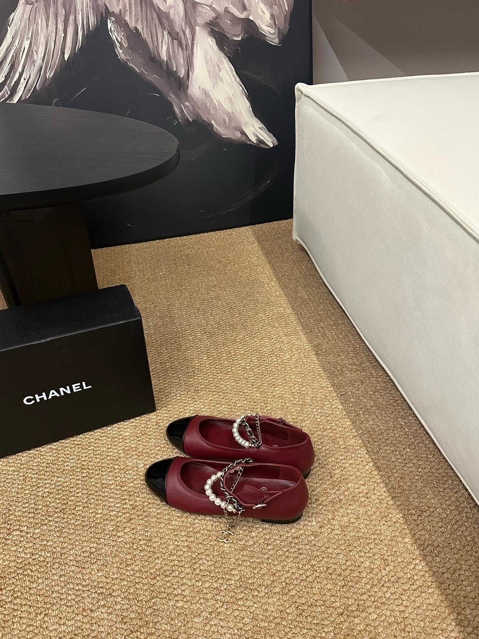 CHANEL 26S MARY JANE PEARL STRAP FLATS IN BURGUNDY RED CALFSKIN