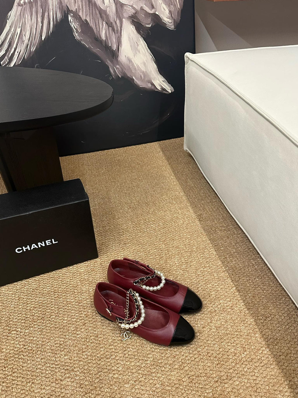 CHANEL 26S MARY JANE PEARL STRAP FLATS IN BURGUNDY RED CALFSKIN