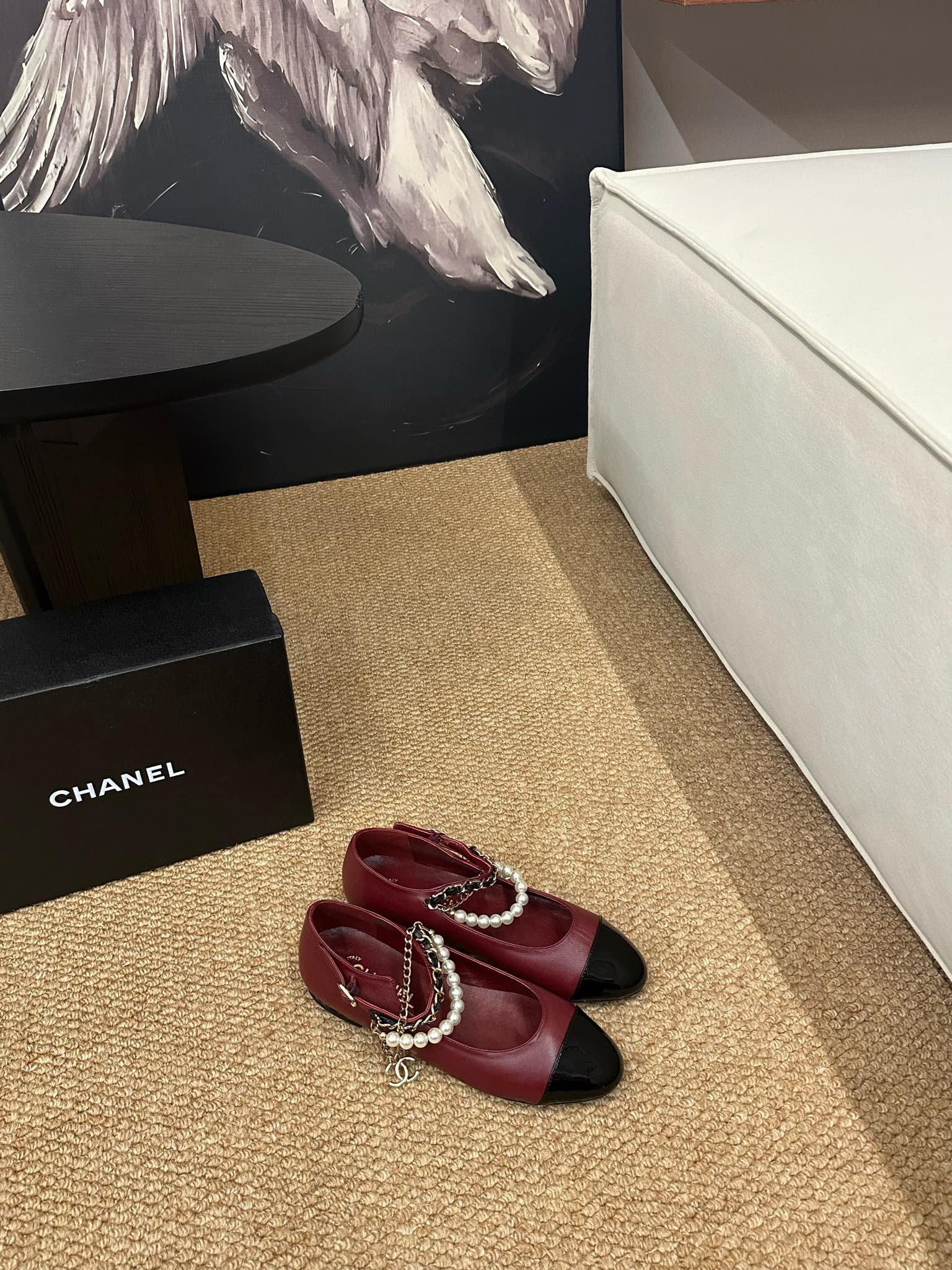 CHANEL 26S MARY JANE PEARL STRAP FLATS IN BURGUNDY RED CALFSKIN