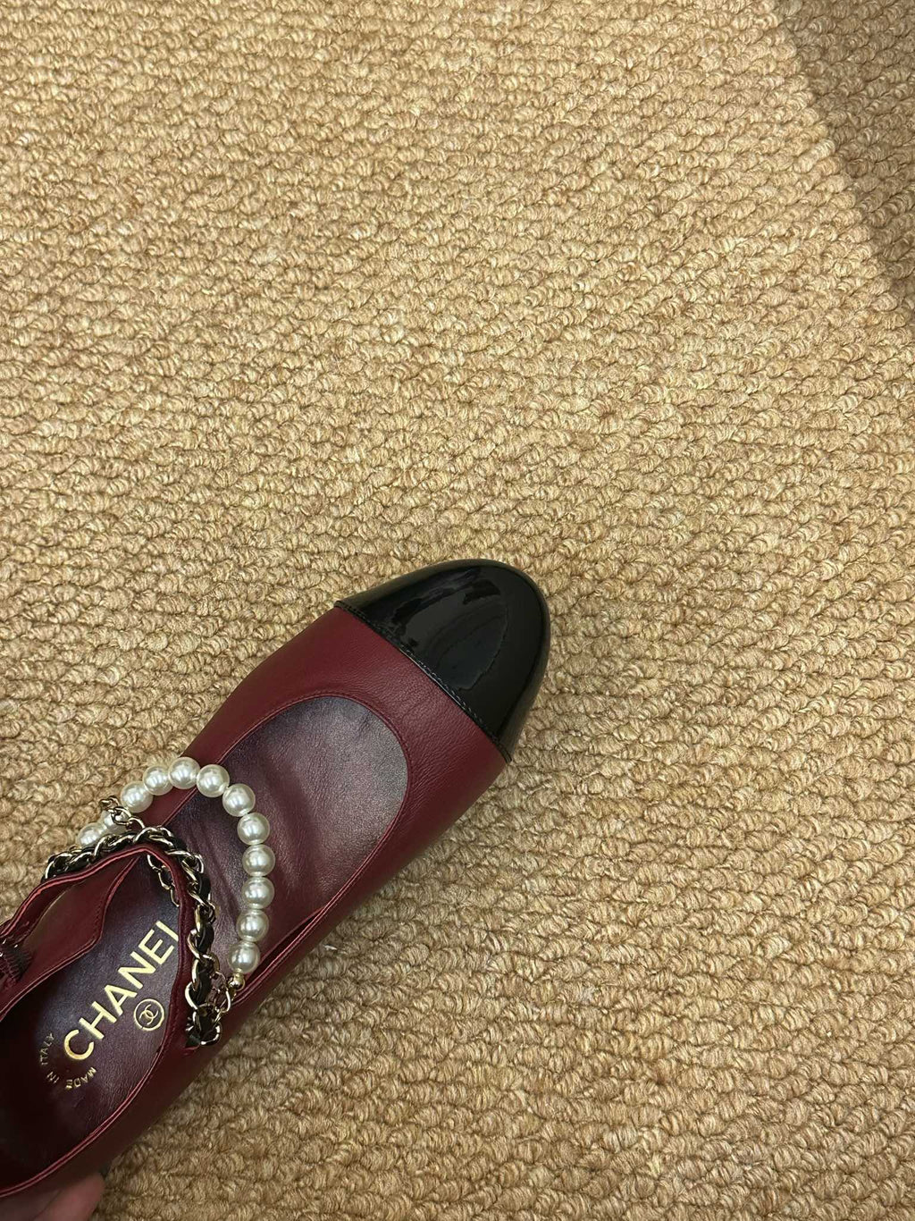 CHANEL 26S MARY JANE PEARL STRAP FLATS IN BURGUNDY RED CALFSKIN