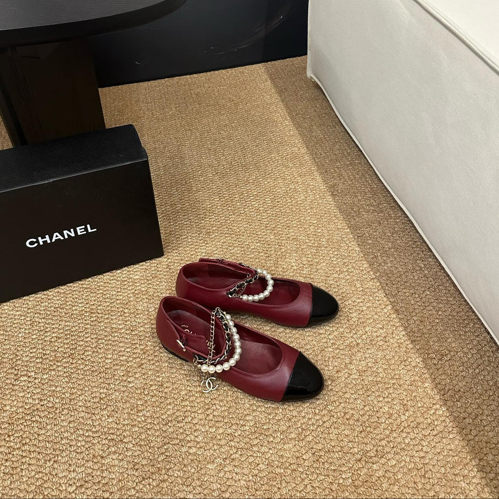 CHANEL 26S MARY JANE PEARL STRAP FLATS IN BURGUNDY RED CALFSKIN
