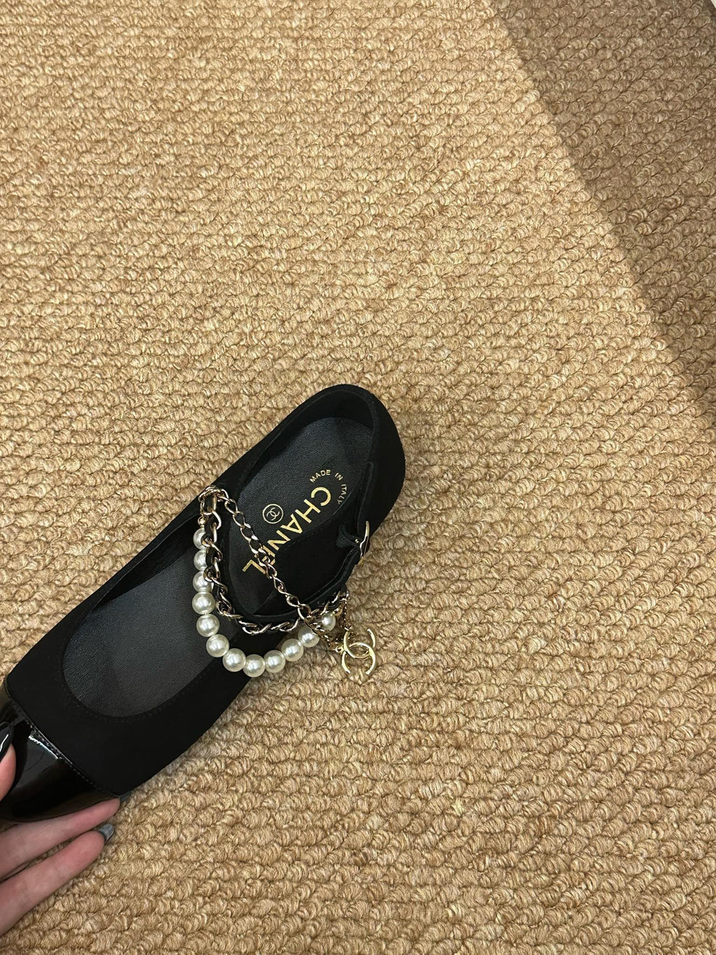 CHANEL 26S MARY JANE PEARL STRAP FLATS IN BLACK CALFSKIN