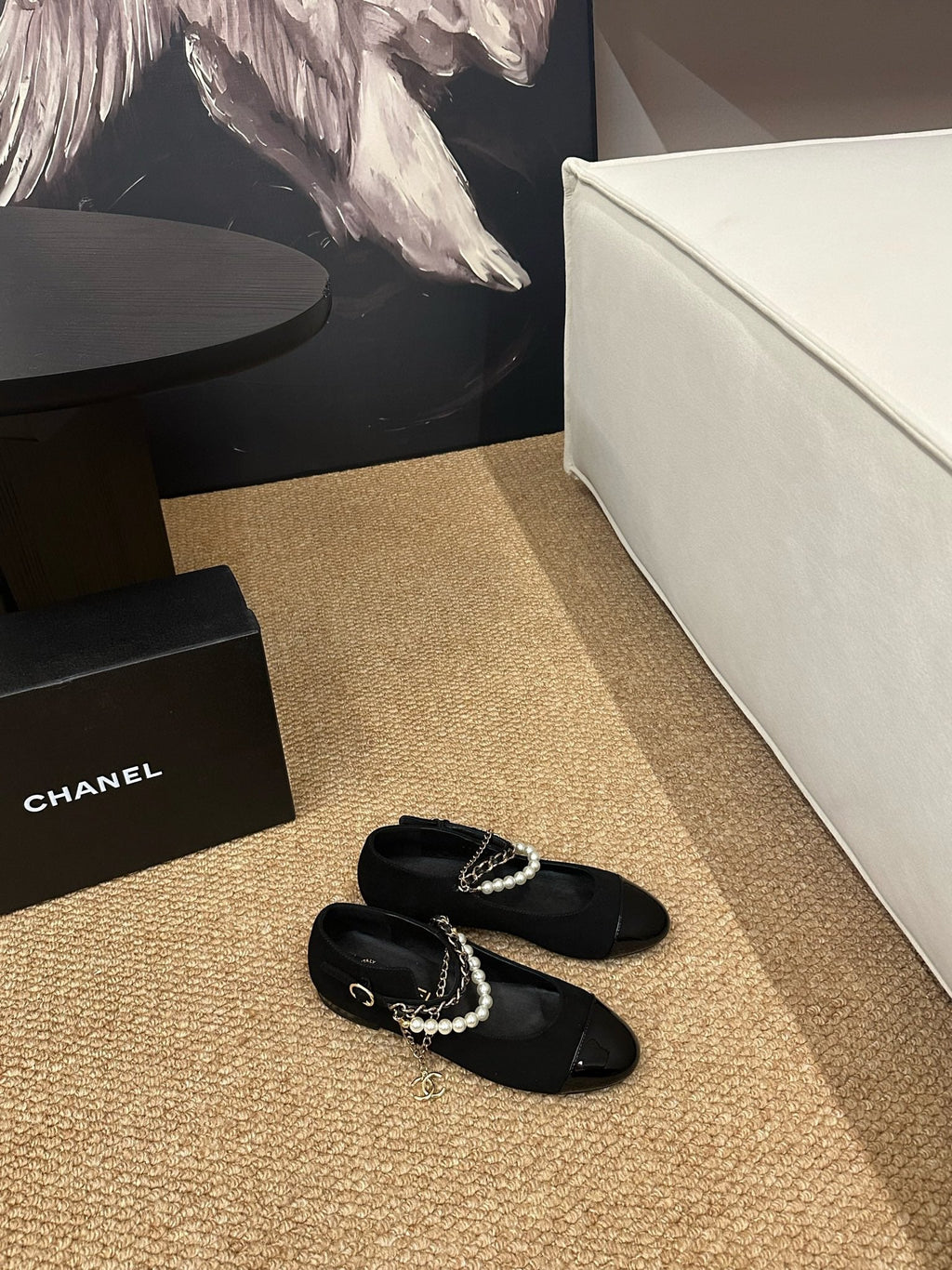 CHANEL 26S MARY JANE PEARL STRAP FLATS IN BLACK CALFSKIN
