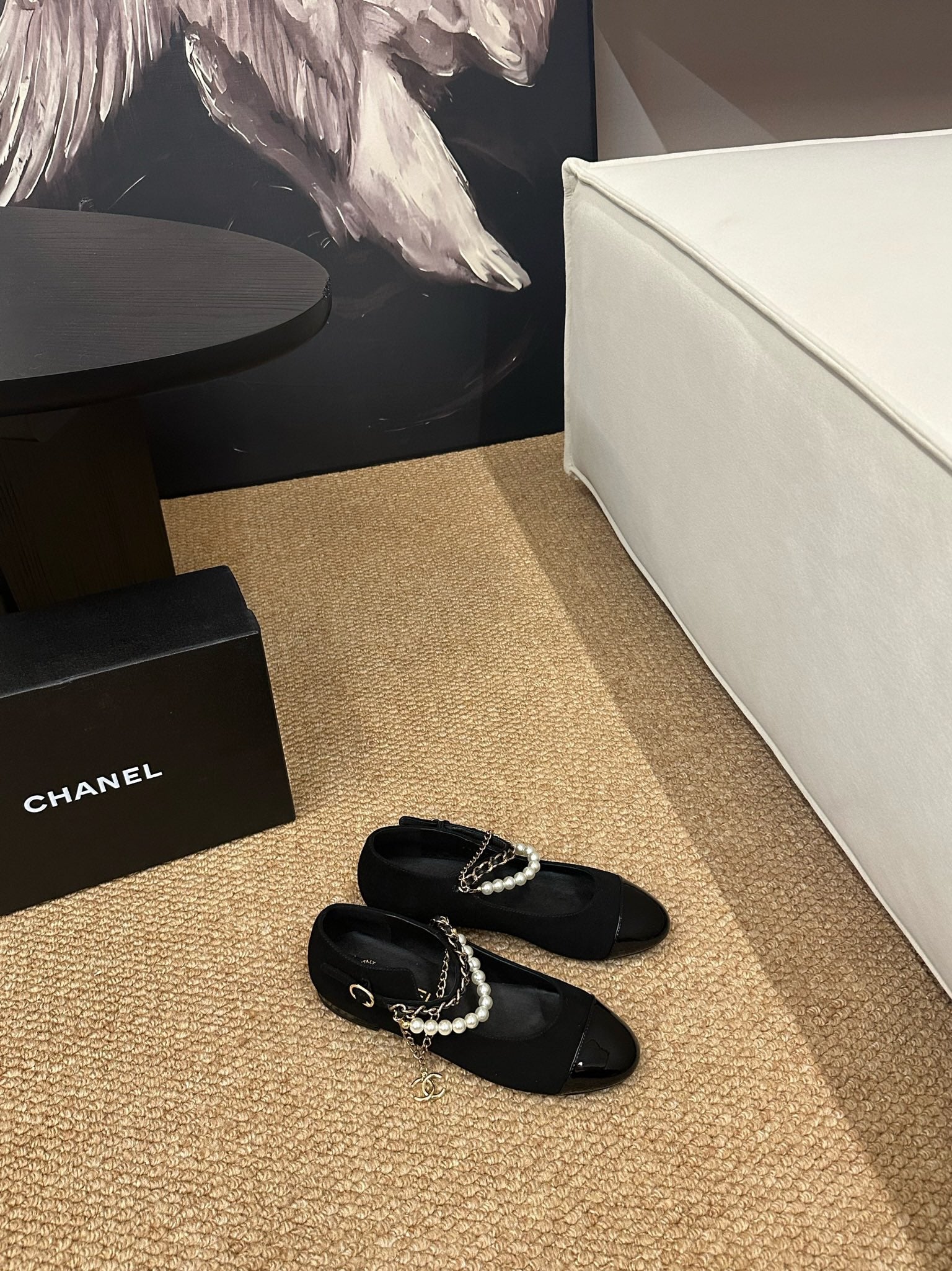 CHANEL 26S MARY JANE PEARL STRAP FLATS IN BLACK CALFSKIN