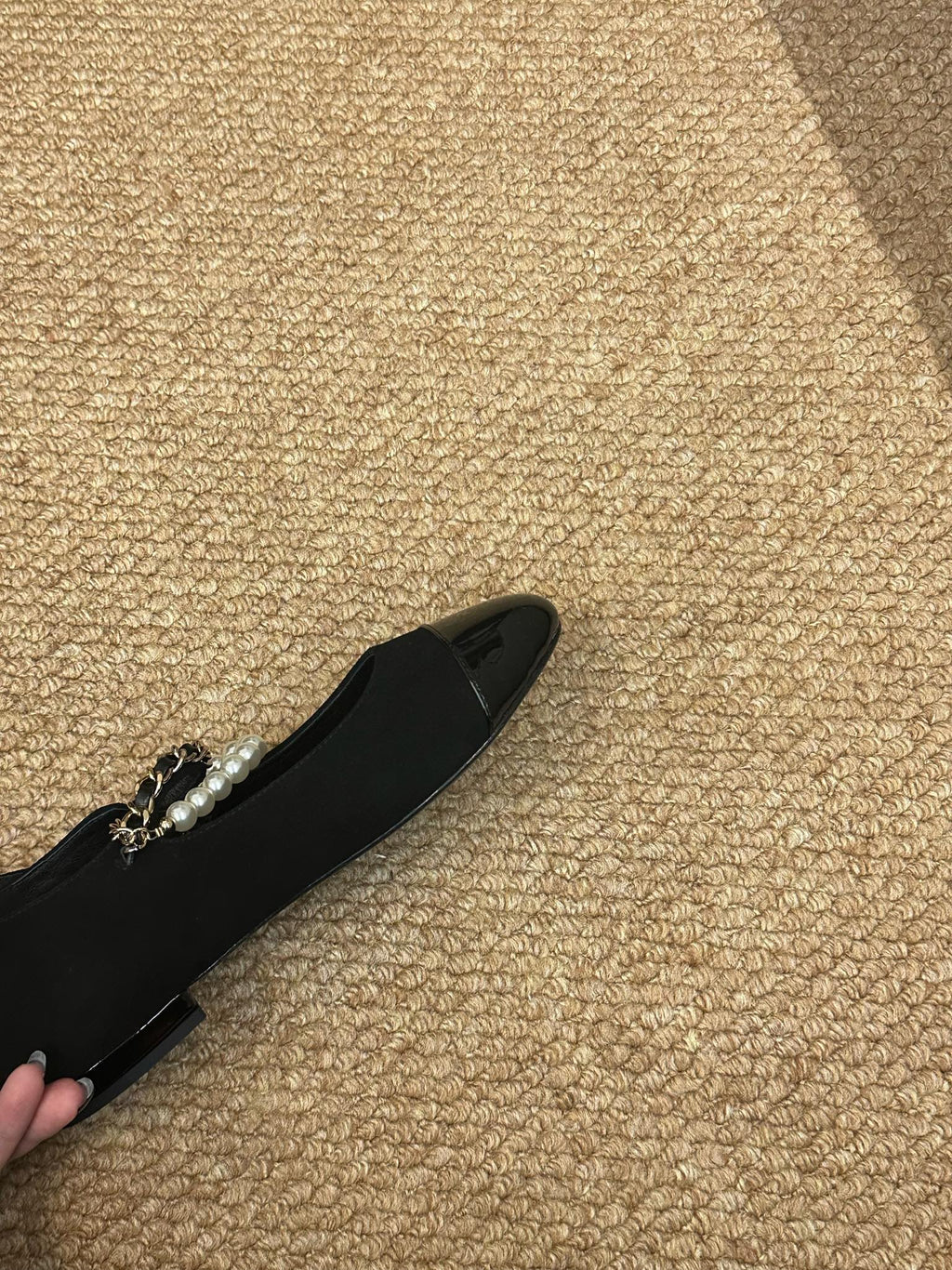 CHANEL 26S MARY JANE PEARL STRAP FLATS IN BLACK CALFSKIN