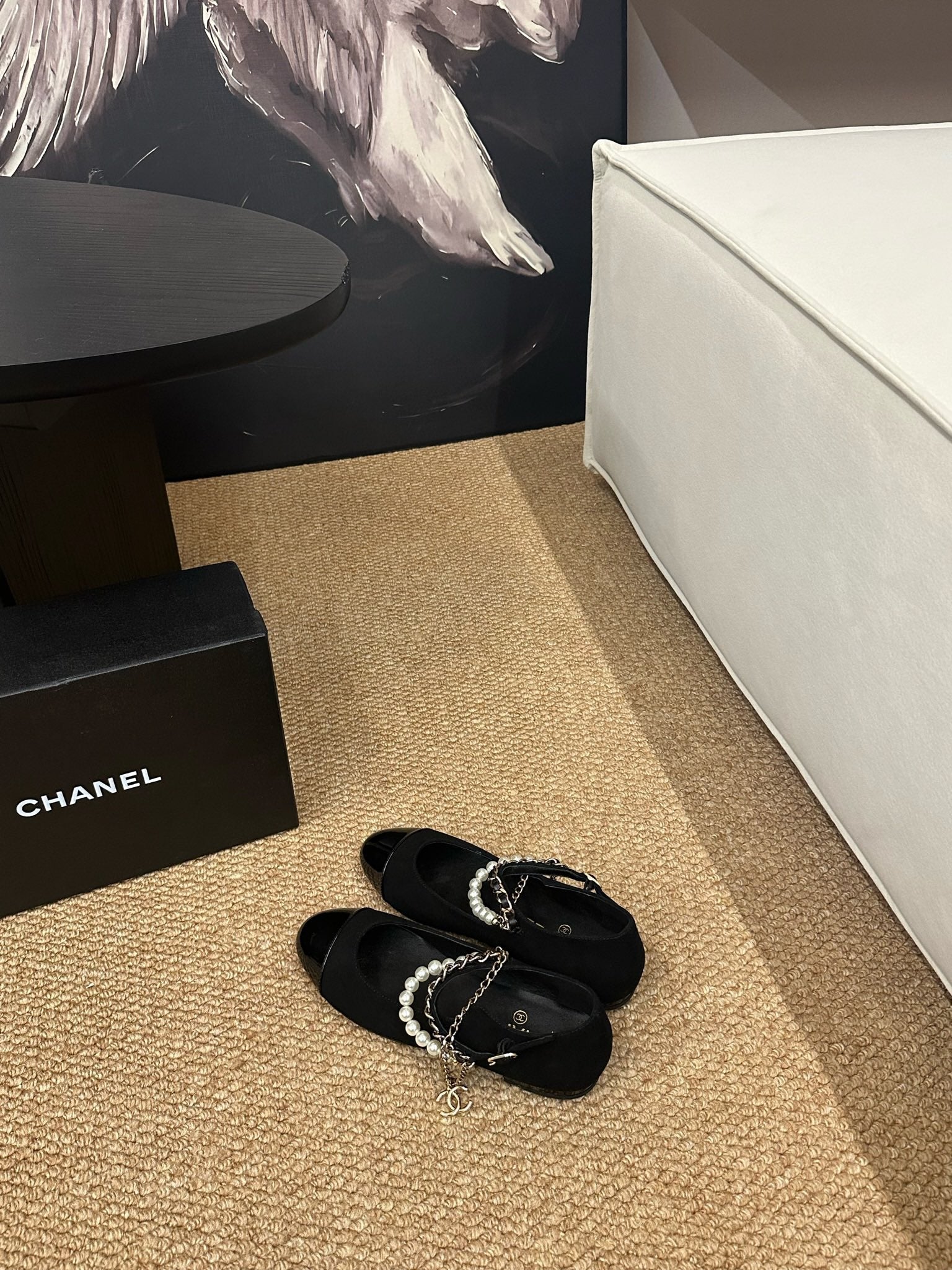 CHANEL 26S MARY JANE PEARL STRAP FLATS IN BLACK CALFSKIN