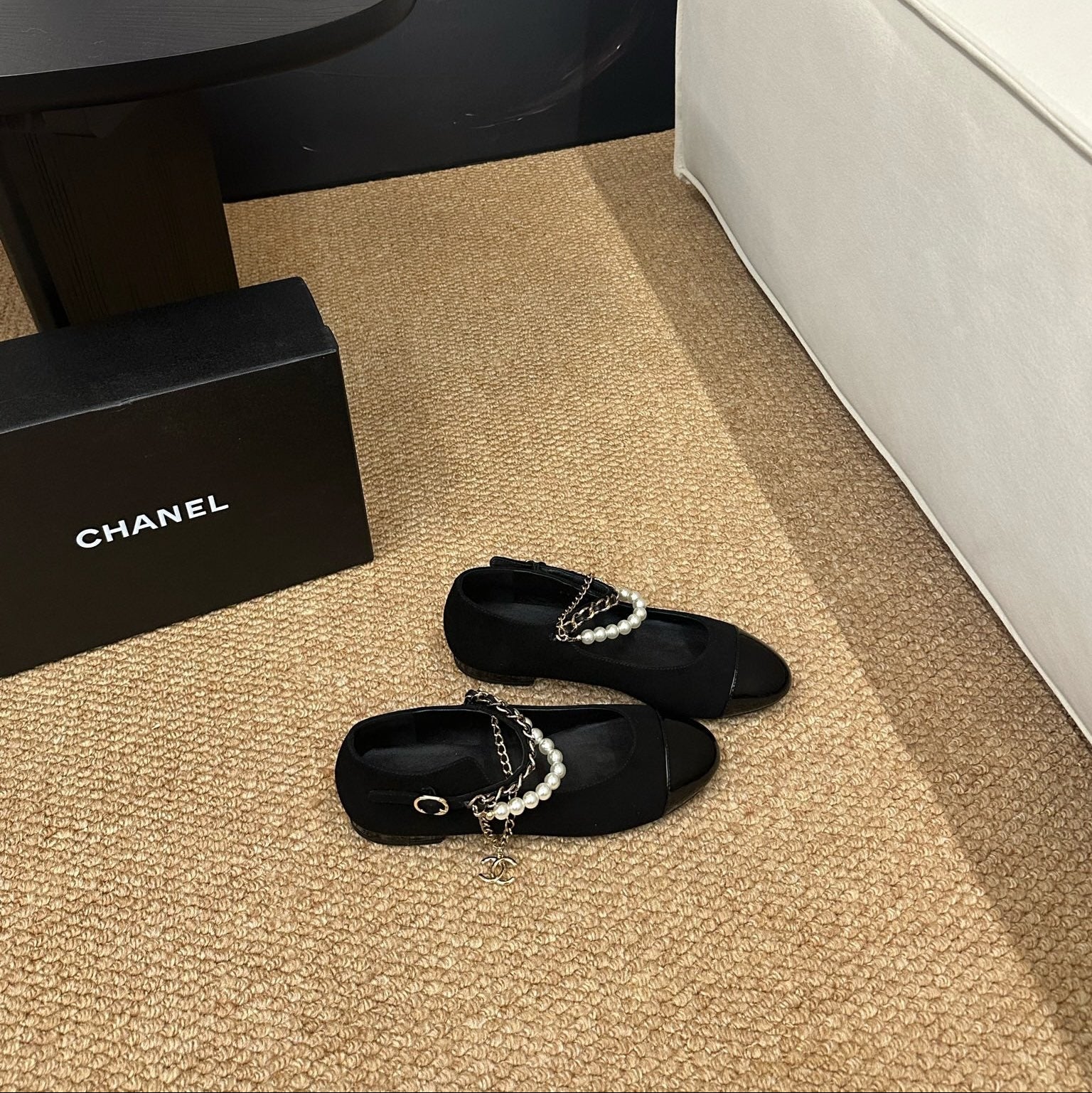 CHANEL 26S MARY JANE PEARL STRAP FLATS IN BLACK CALFSKIN