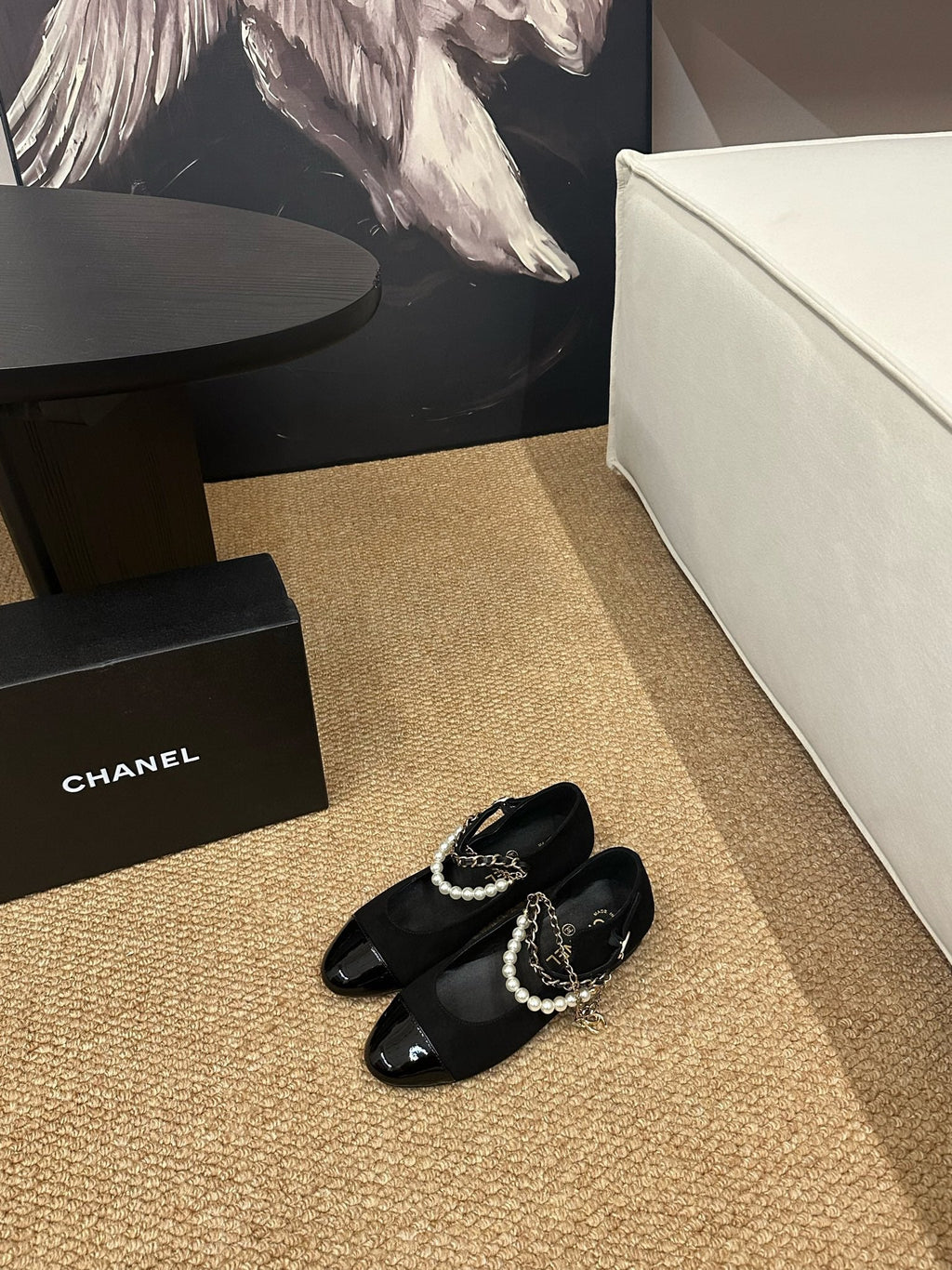 CHANEL 26S MARY JANE PEARL STRAP FLATS IN BLACK CALFSKIN