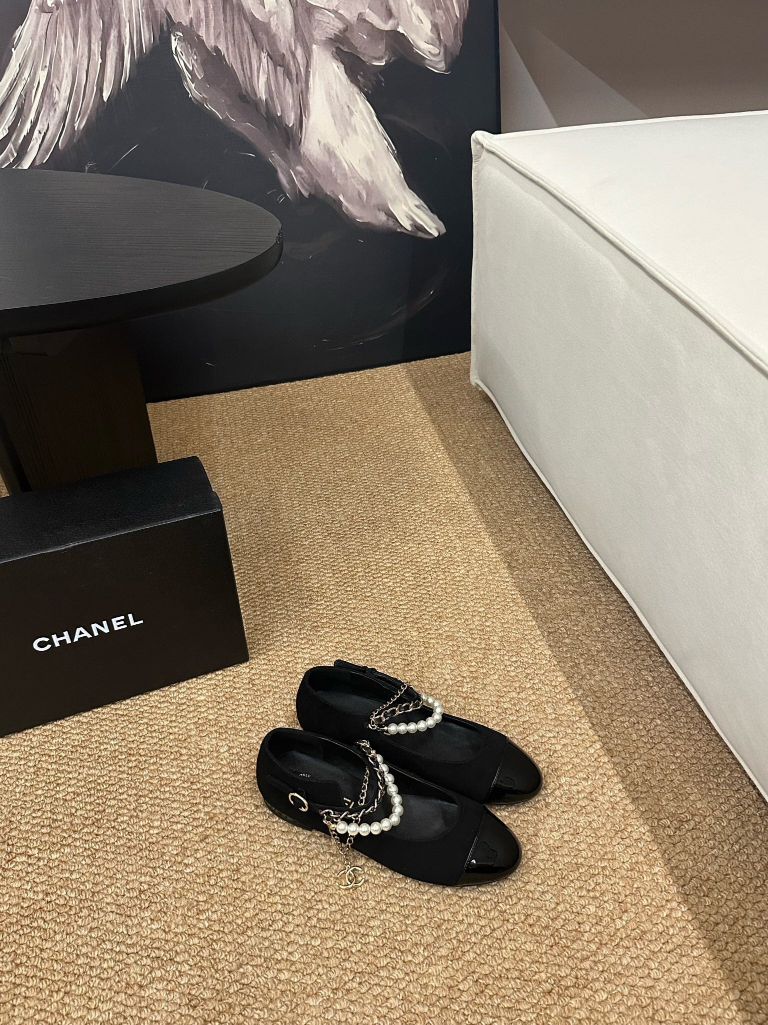 CHANEL 26S MARY JANE PEARL STRAP FLATS IN BLACK CALFSKIN